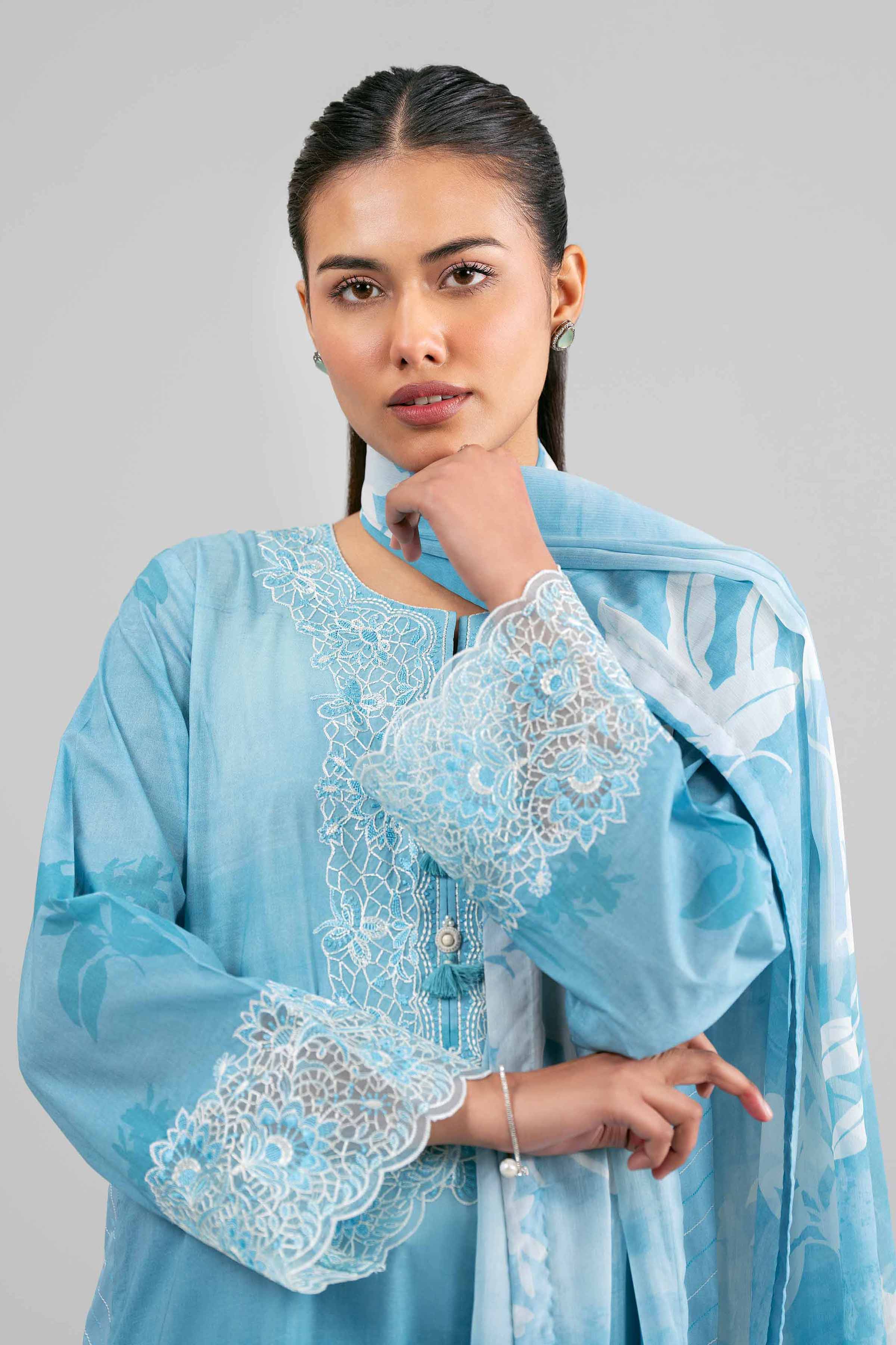 3 Piece - Digital Printed Embroidered Suit - 42601559 Blue Lawn 3PC Embroidered Summer