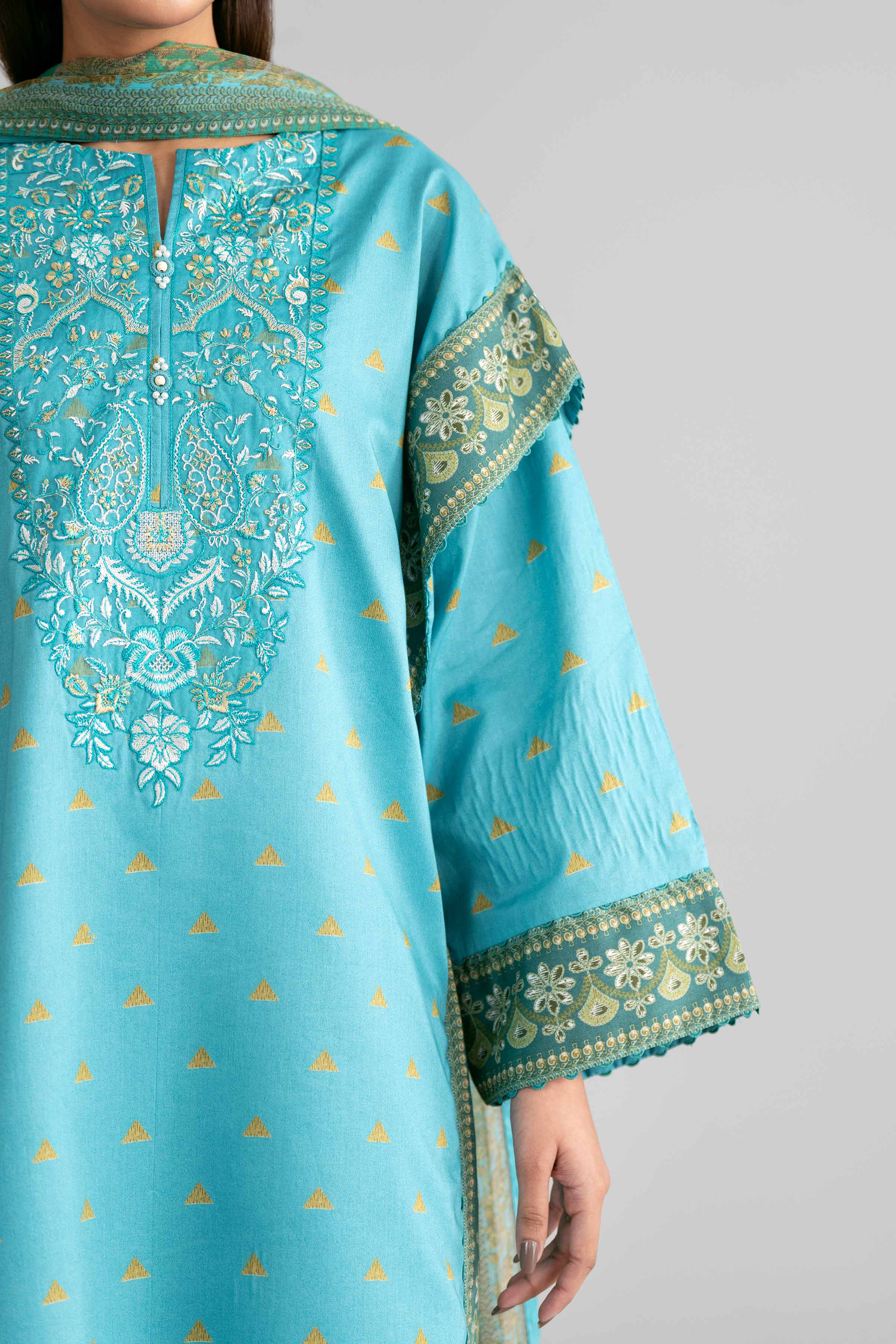 3 Piece - Digital Printed Embroidered Suit - 42601567 Blue Lawn 3PC Embroidered Summer