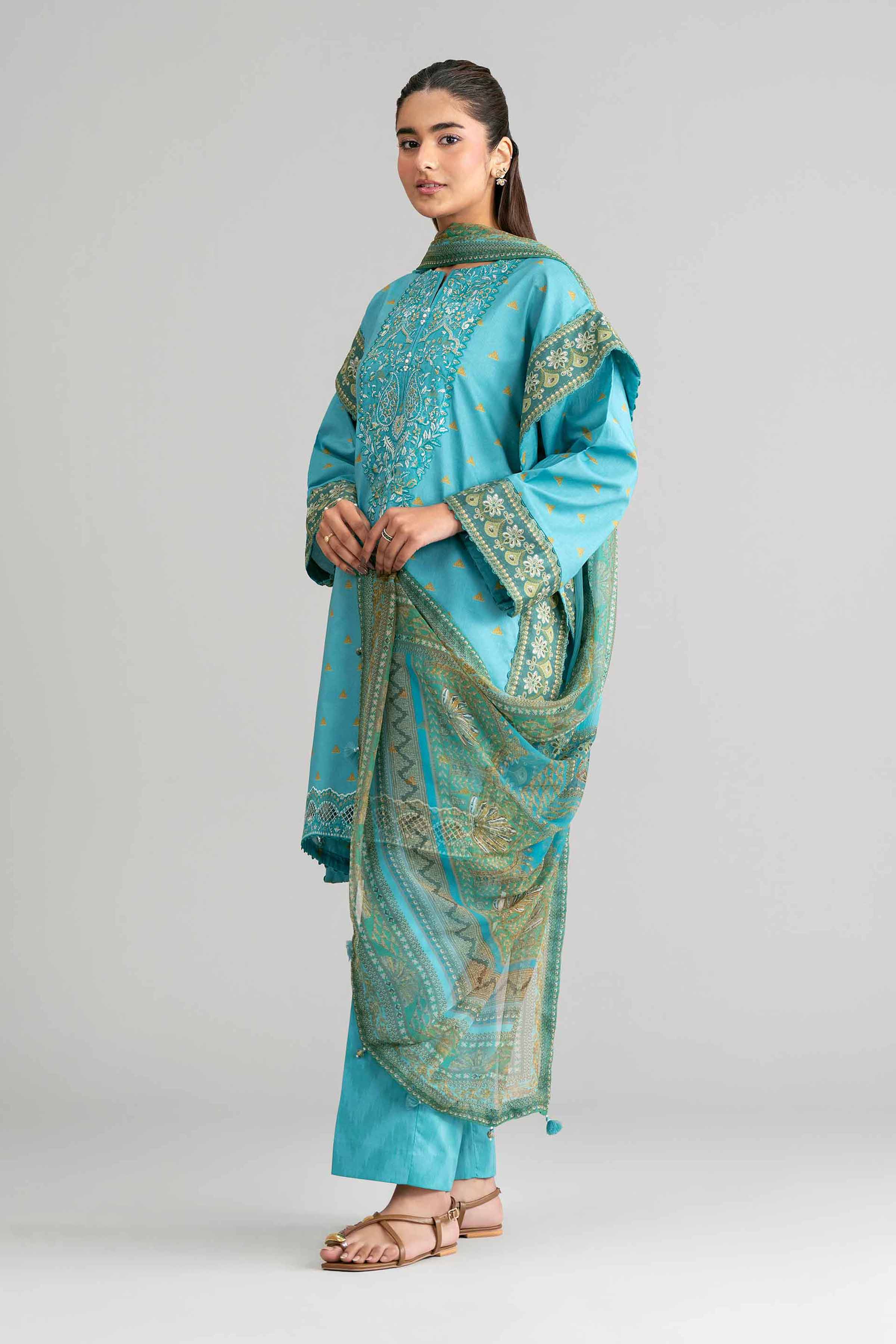 3 Piece - Digital Printed Embroidered Suit - 42601567 Blue Lawn 3PC Embroidered Summer