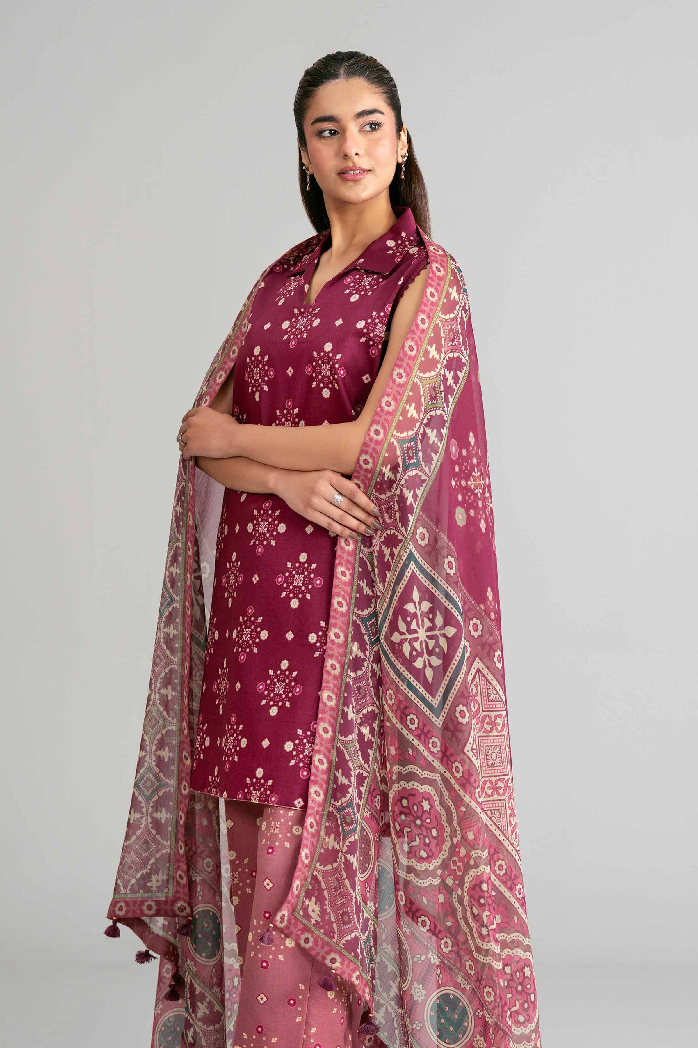 3 Piece - Digital Printed Suit - 42601575 Maroon Lawn 3PC Printed Summer