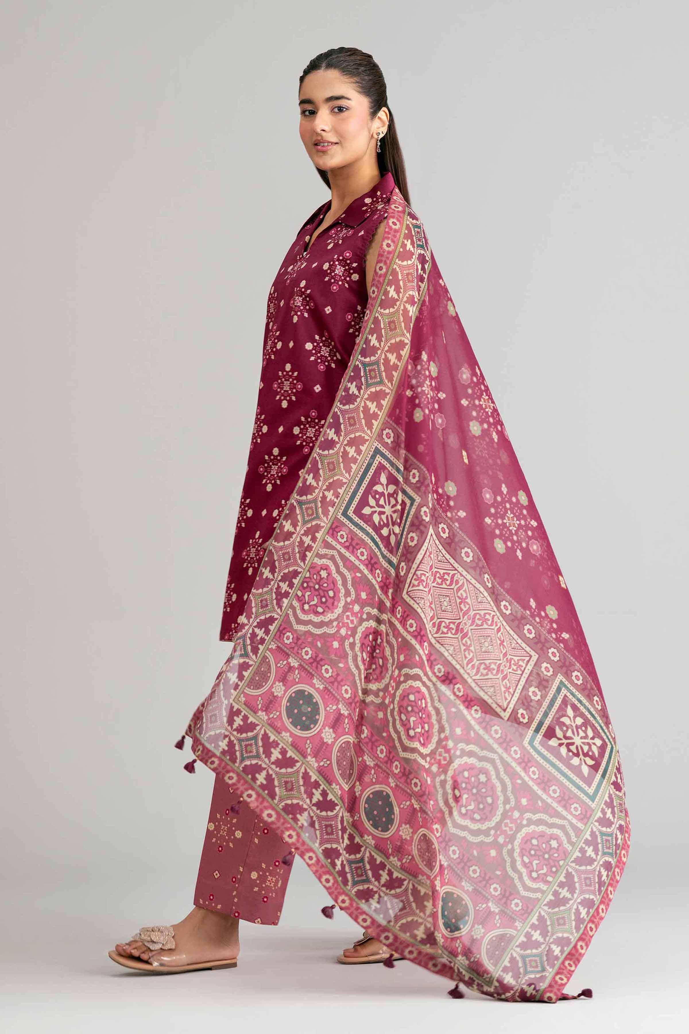 3 Piece - Digital Printed Suit - 42601575 Maroon Lawn 3PC Printed Summer