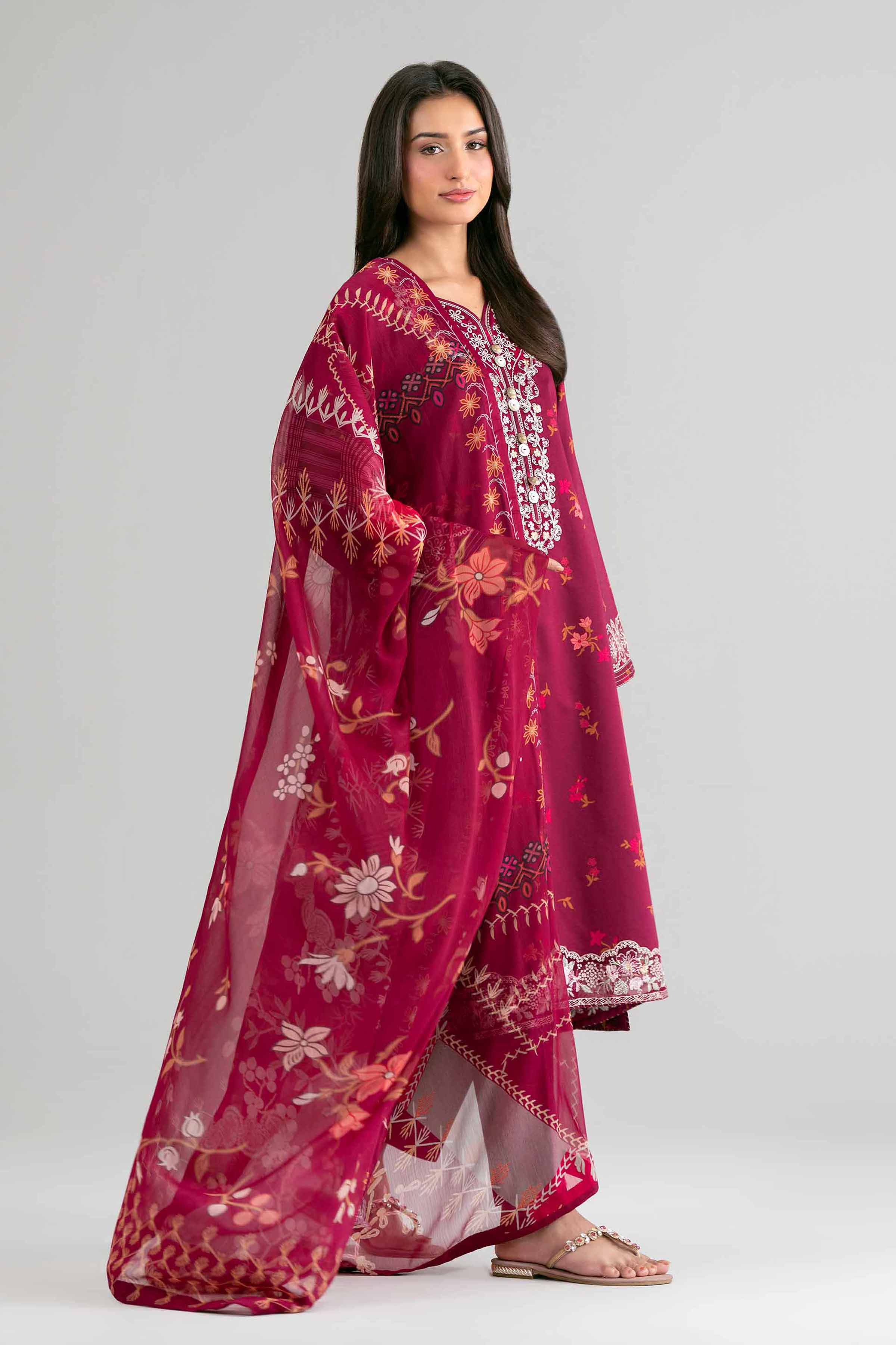 2 Piece - Digital Printed Embroidered Suit - 42601591 Maroon Lawn 2PC Embroidered