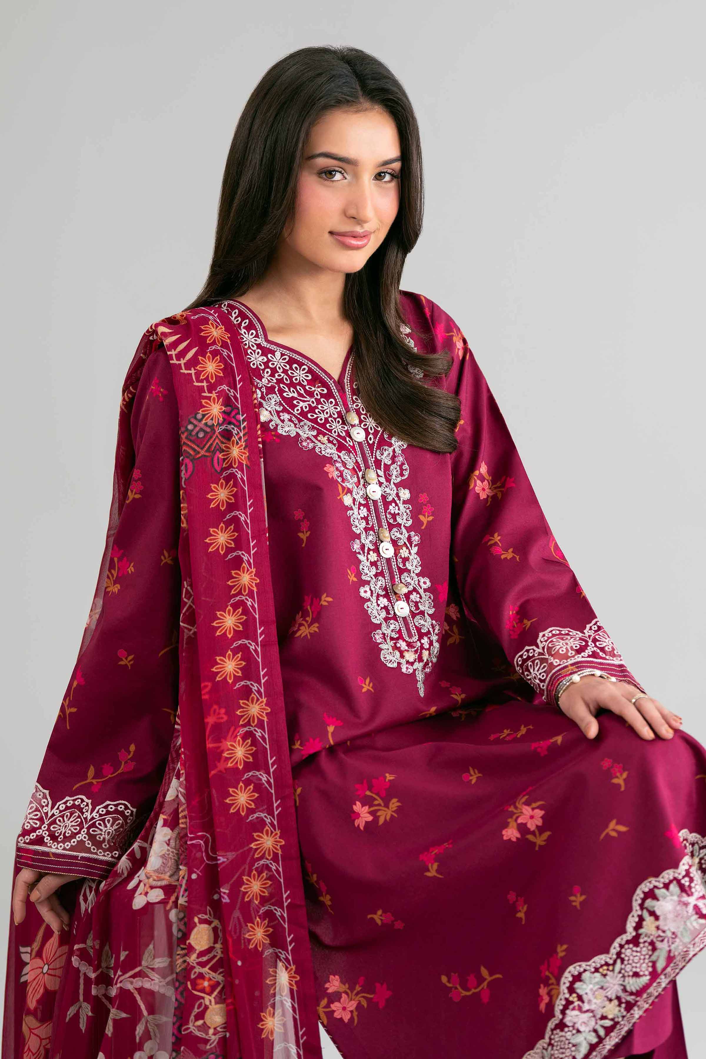 2 Piece - Digital Printed Embroidered Suit - 42601591 Maroon Lawn 2PC Embroidered