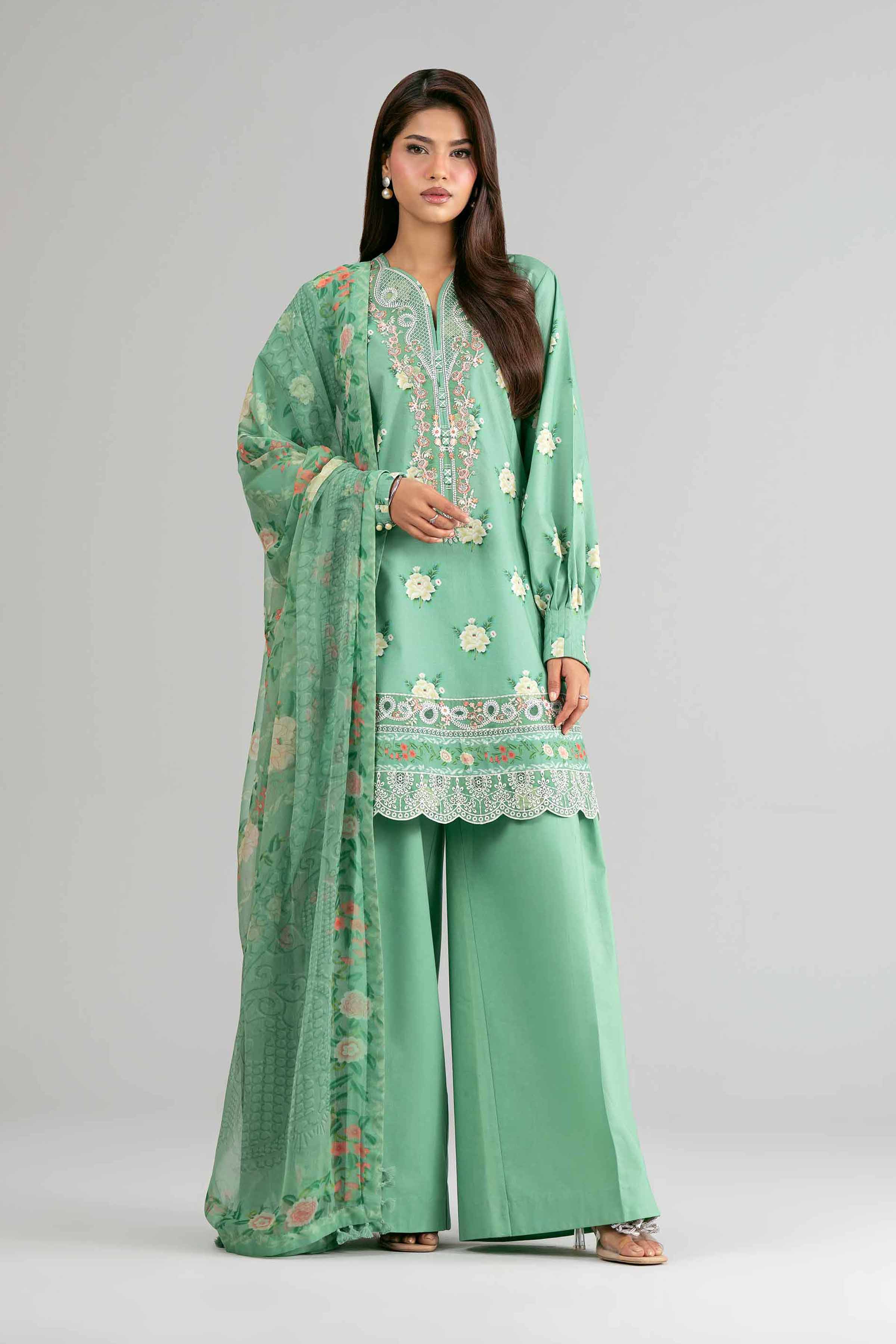 2 Piece - Digital Printed Embroidered Suit - 42601593 Green Lawn 2PC Embroidered