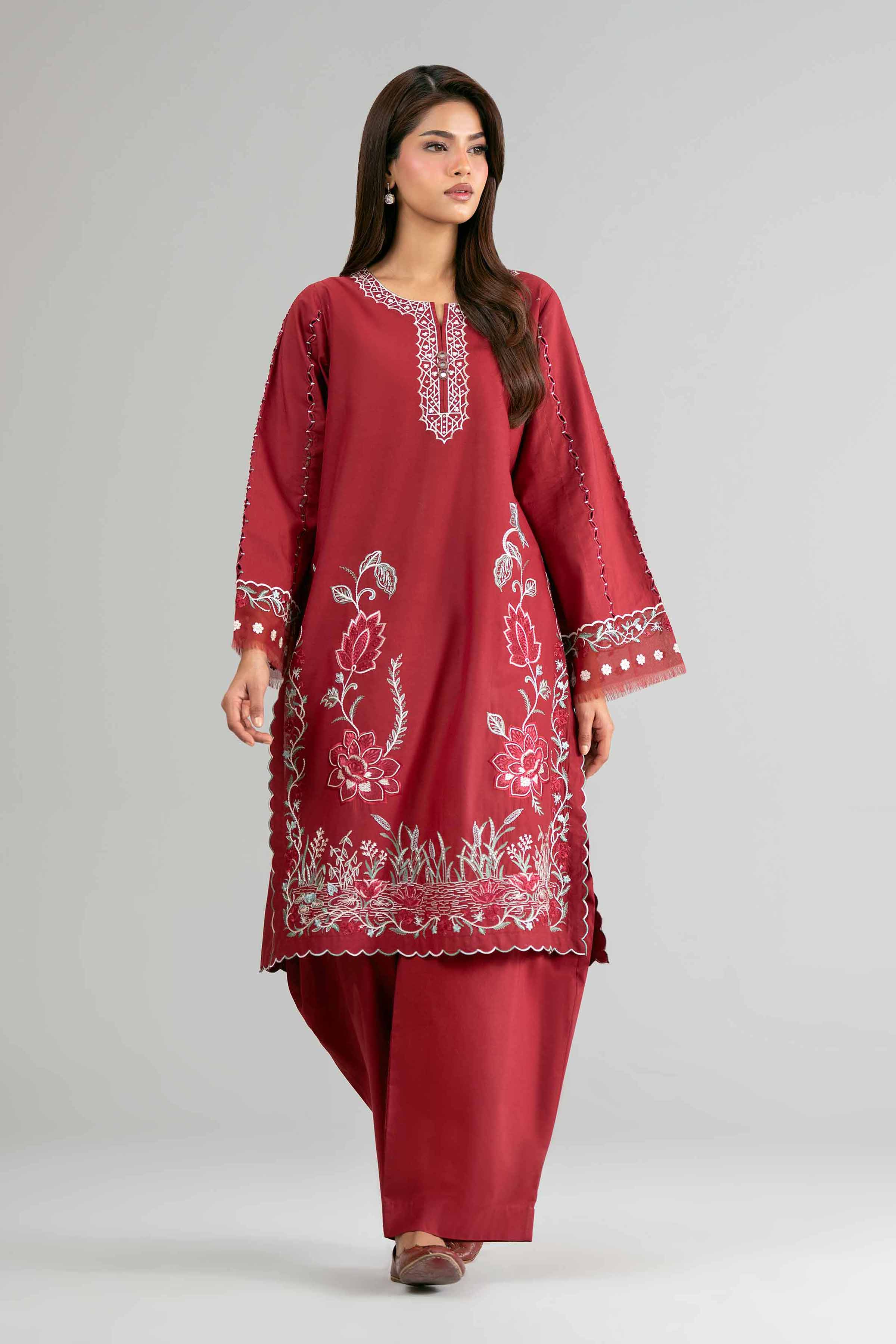 2 Piece - Embroidered Suit - 42601625 Maroon Lawn 2PC Embroidered