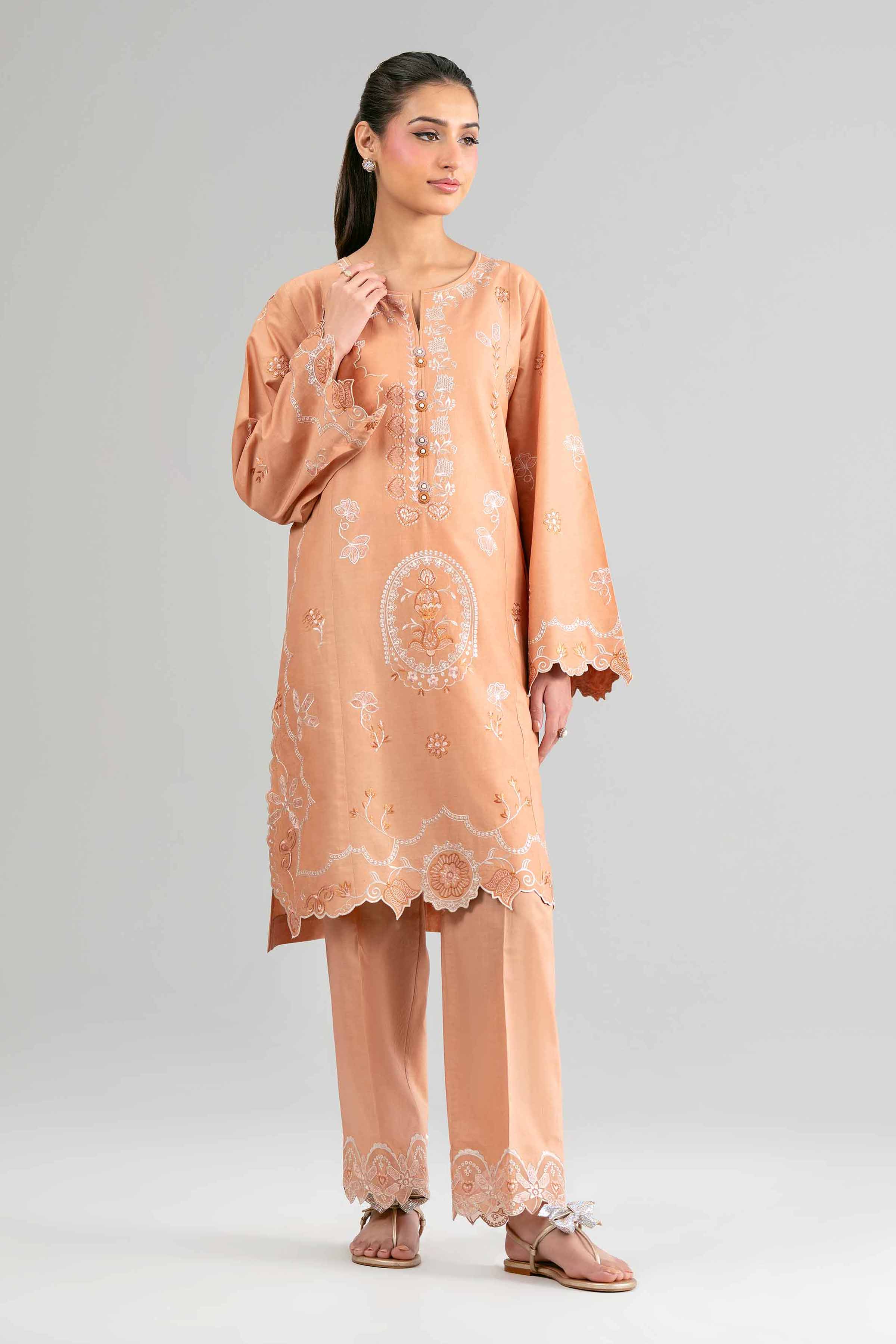2 Piece - Embroidered Suit - 42601627 Orange Lawn 2PC Embroidered