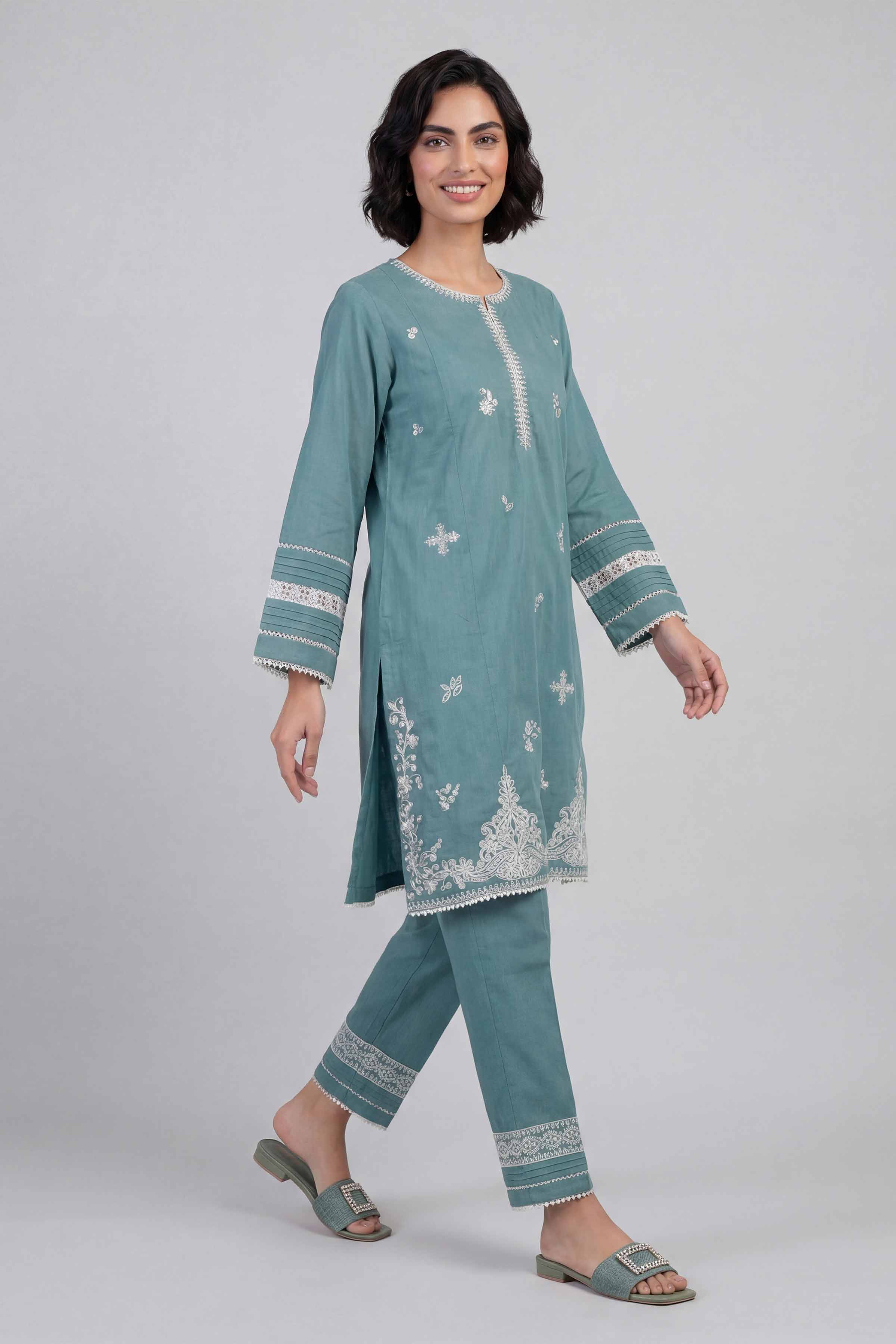 2 Piece - Embroidered Suit - 42601638 Green Lawn 2PC Embroidered