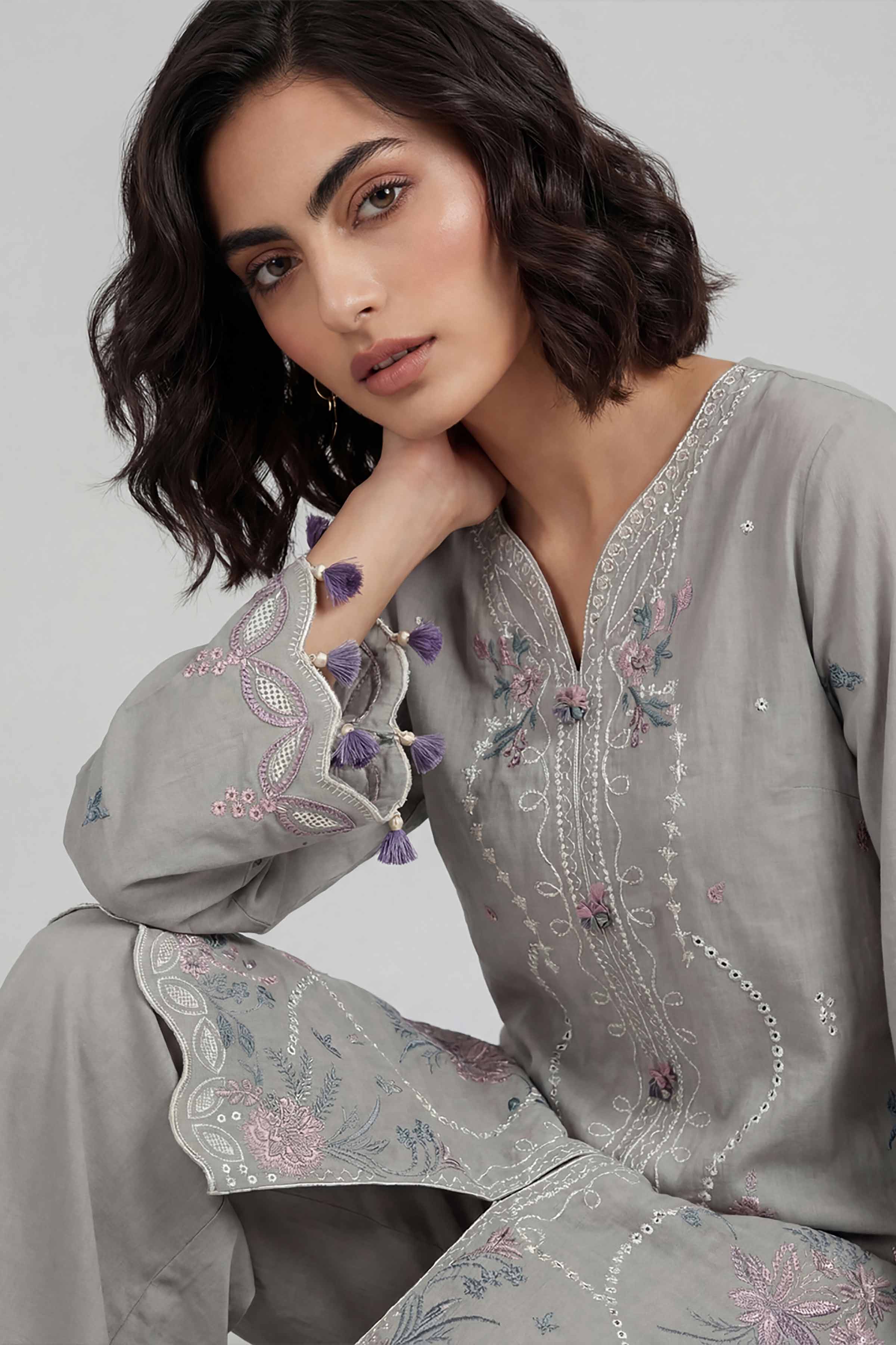 2 Piece - Embroidered Suit - 42601641 Grey Lawn 2PC Embroidered