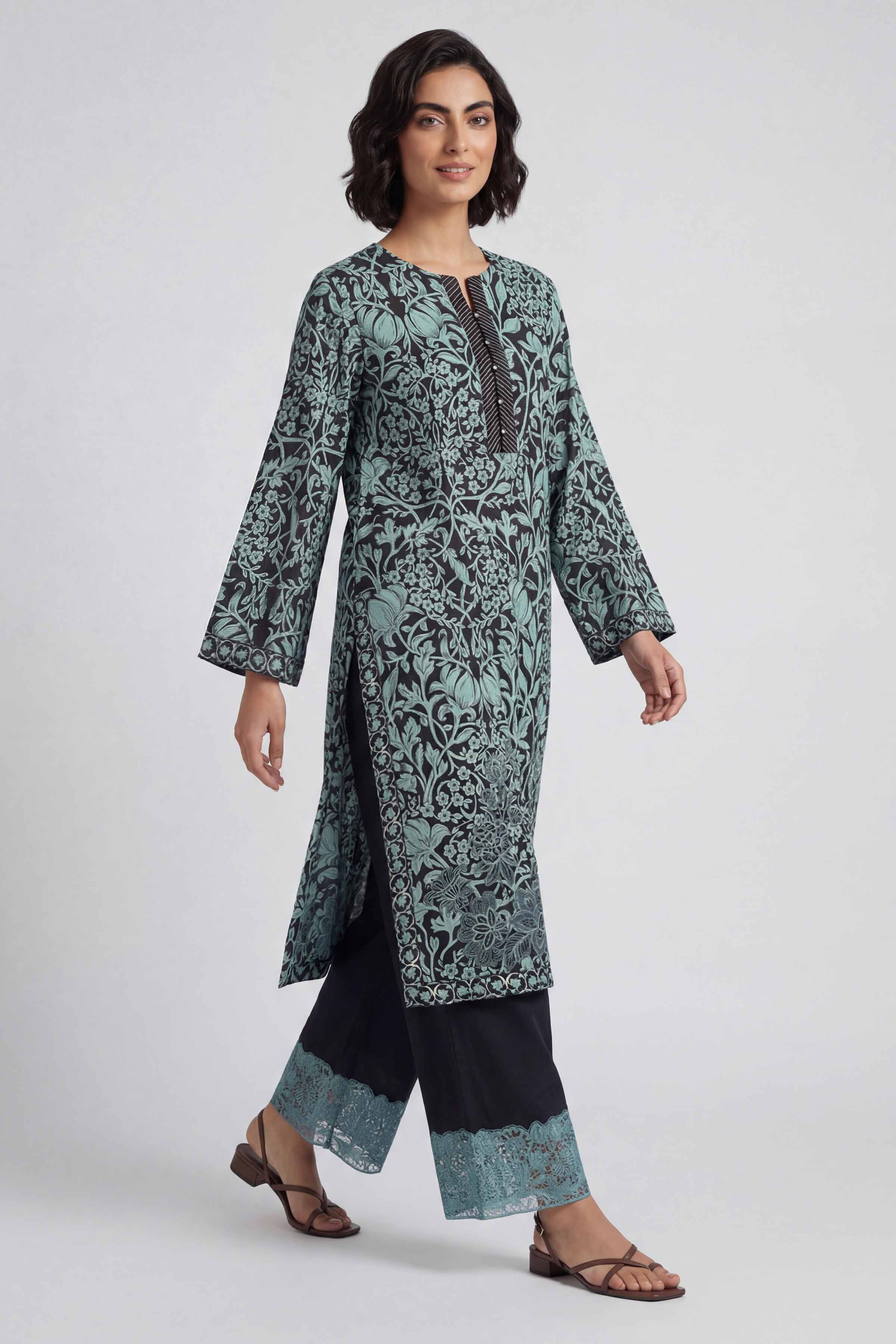 2 Piece - Printed Embroidered Suit - 42601657 Green Lawn 2PC Embroidered