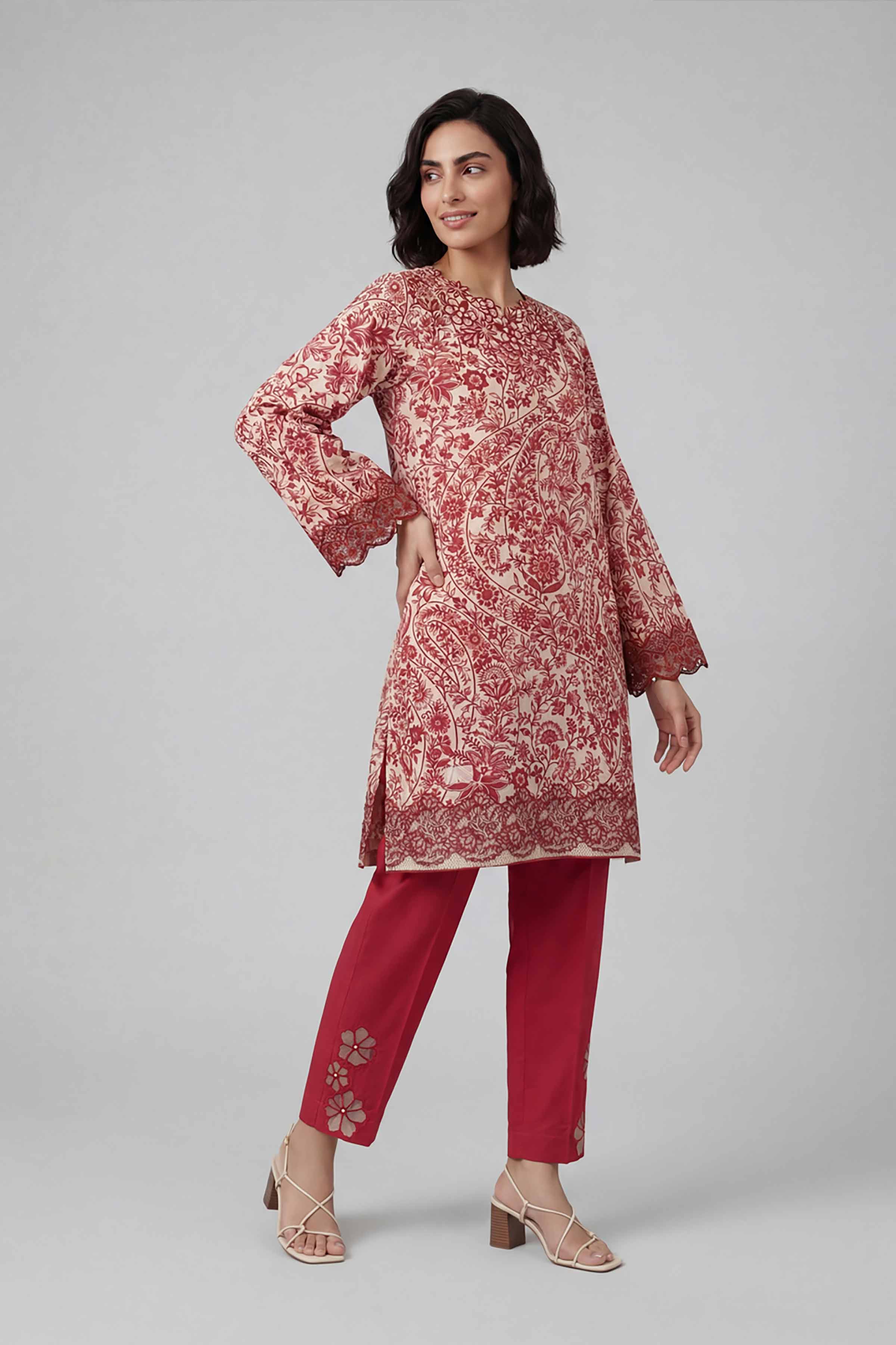 2 Piece - Printed Embroidered Suit - 42601659 Red Lawn 2PC Embroidered