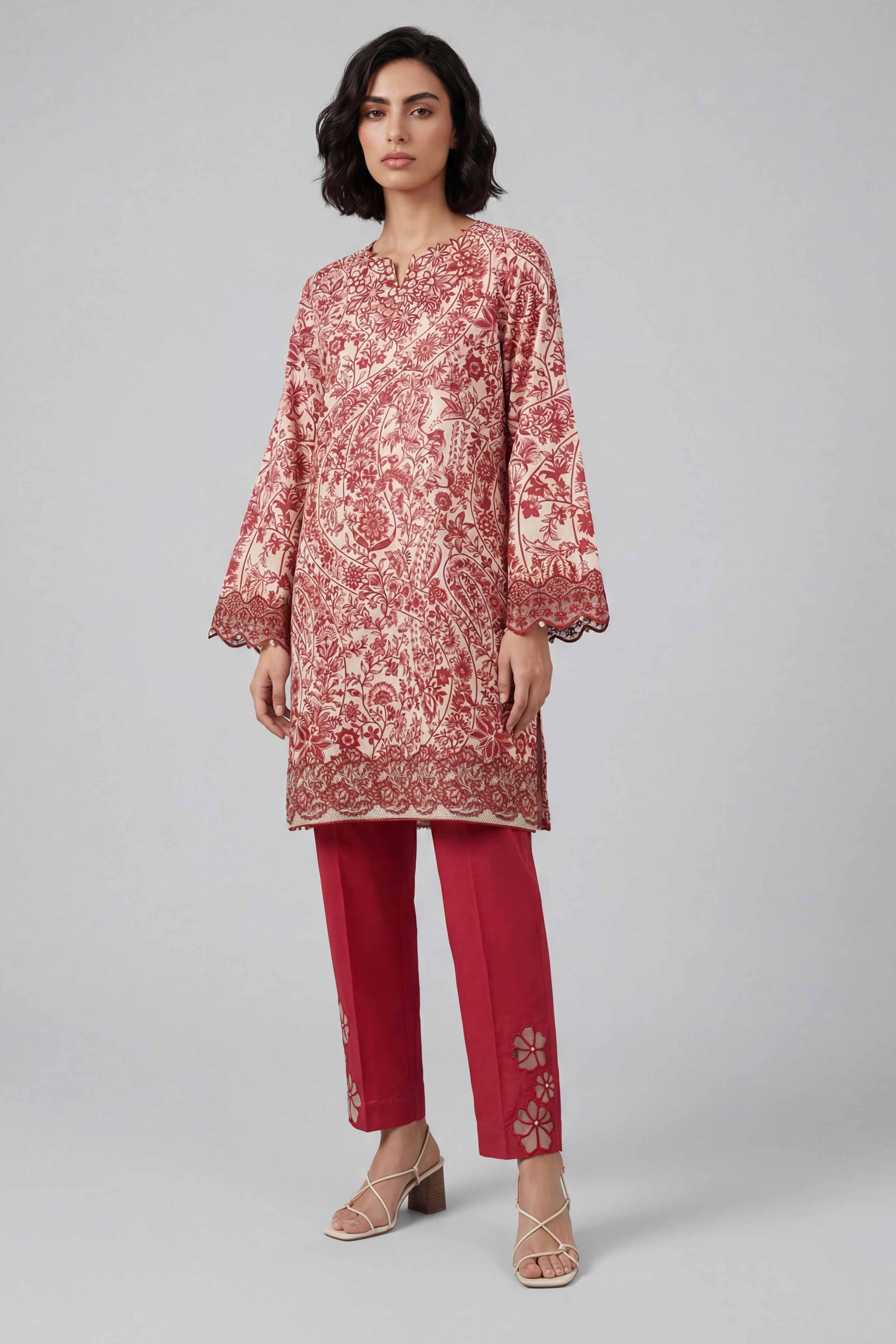 2 Piece - Printed Embroidered Suit - 42601659 Red Lawn 2PC Embroidered