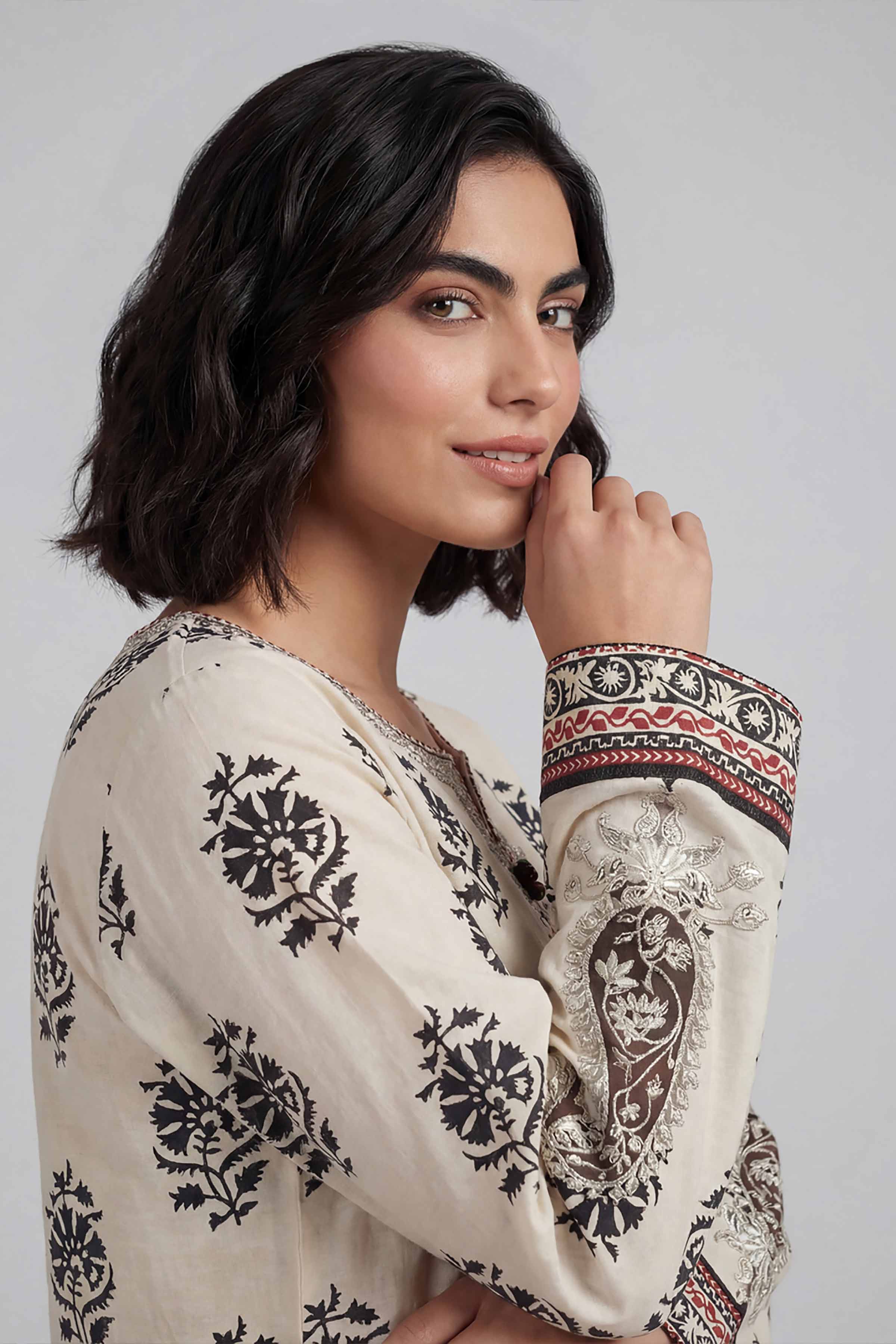 2 Piece - Printed Embroidered Suit - 42601663 Cream Lawn 2PC Embroidered