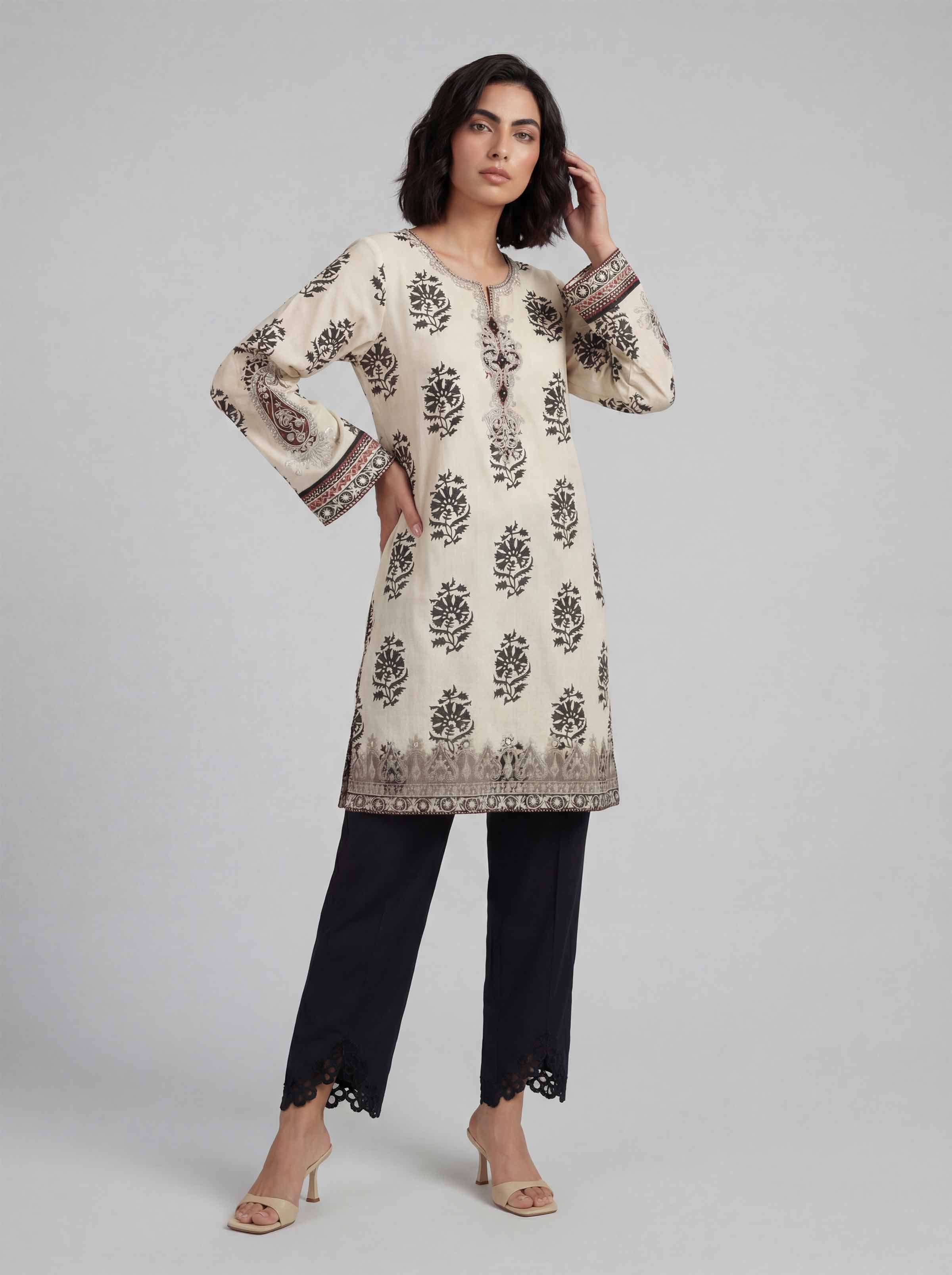 2 Piece - Printed Embroidered Suit - 42601663 Cream Lawn 2PC Embroidered