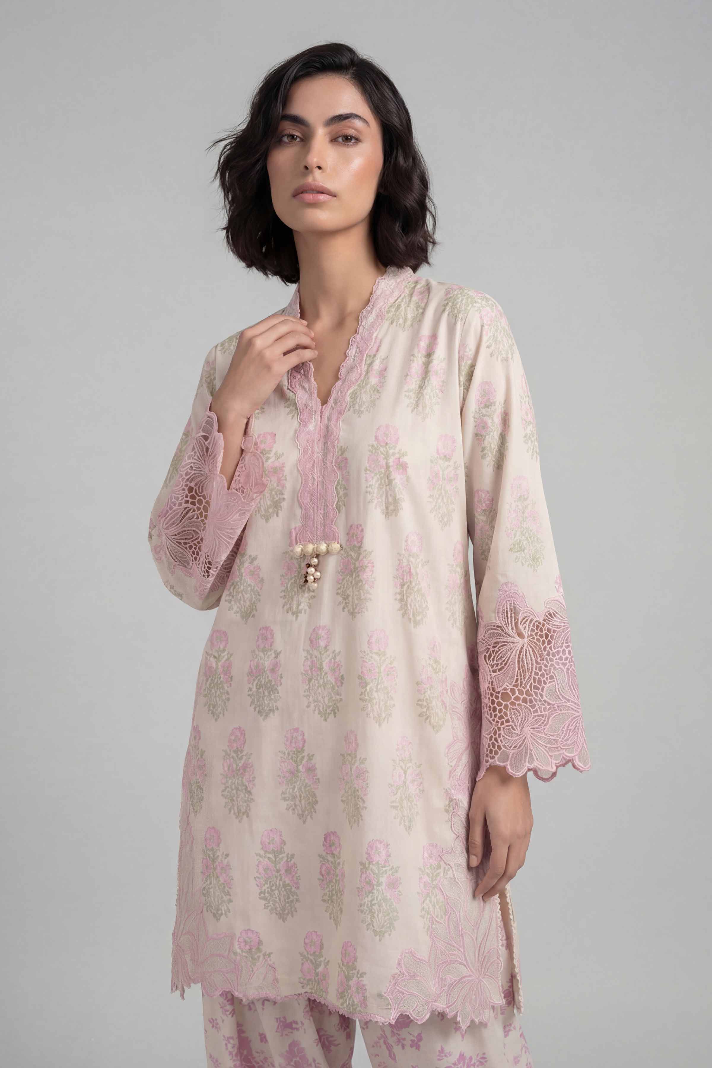 2 Piece - Printed Embroidered Suit - 42601664 Cream Lawn 2PC Embroidered