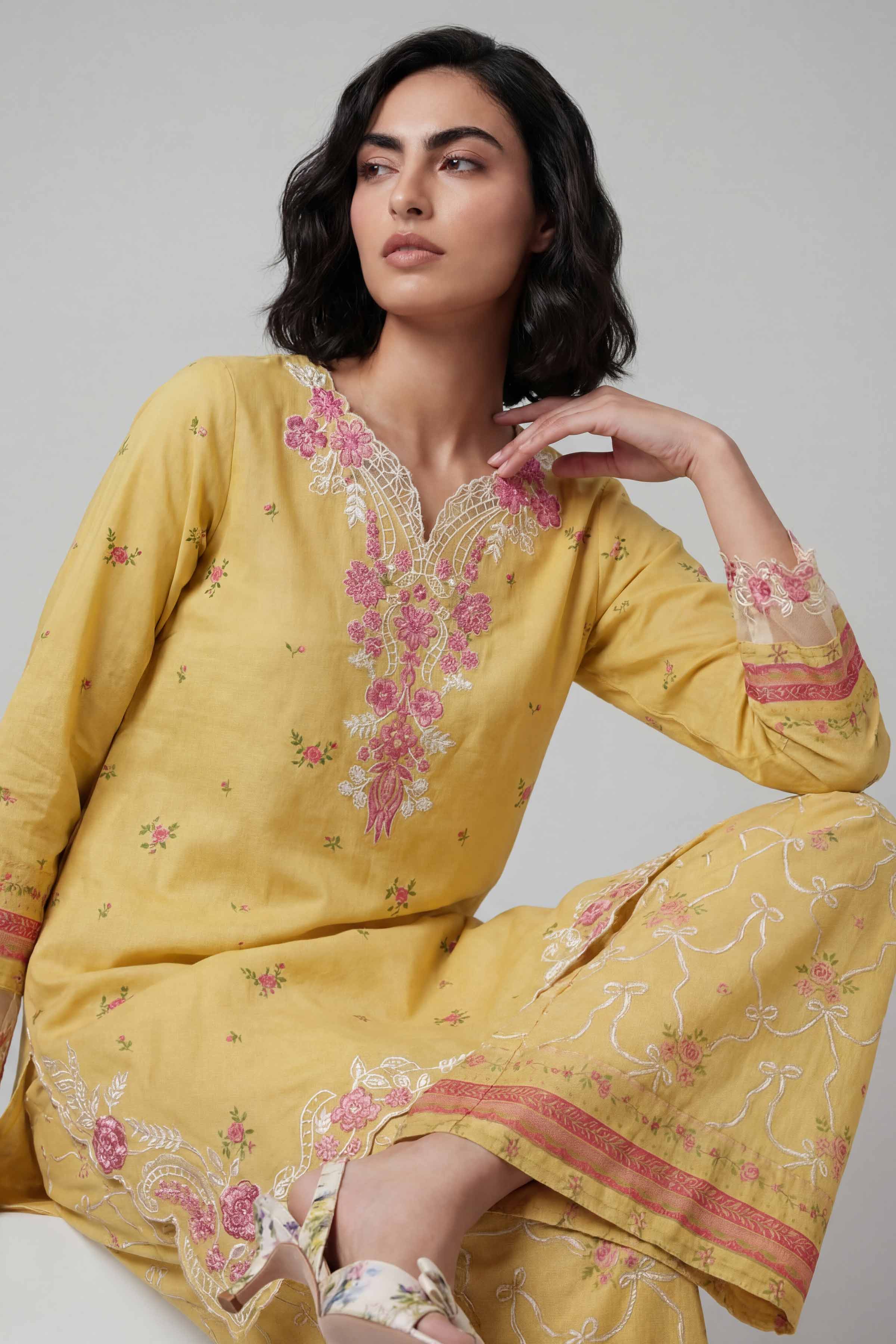 2 Piece - Printed Embroidered Suit - 42601669 Yellow Lawn 2PC Embroidered