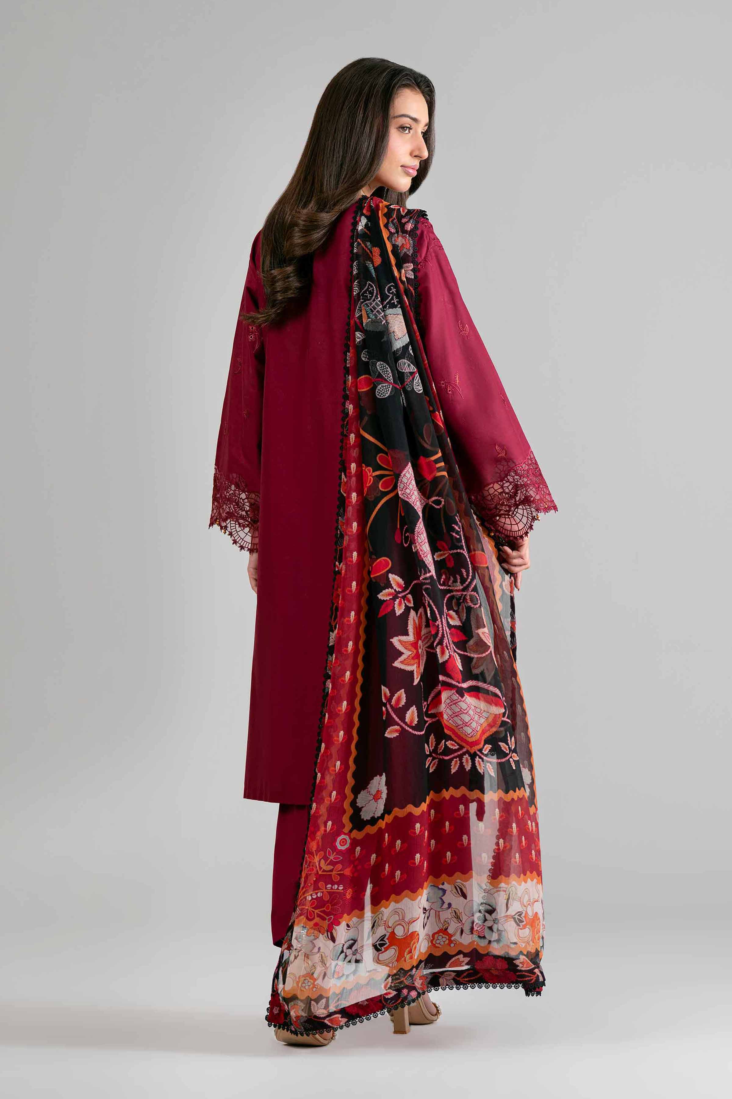 3 Piece - Digital Printed Embroidered Suit - 42601694 Maroon Lawn 3PC Embroidered