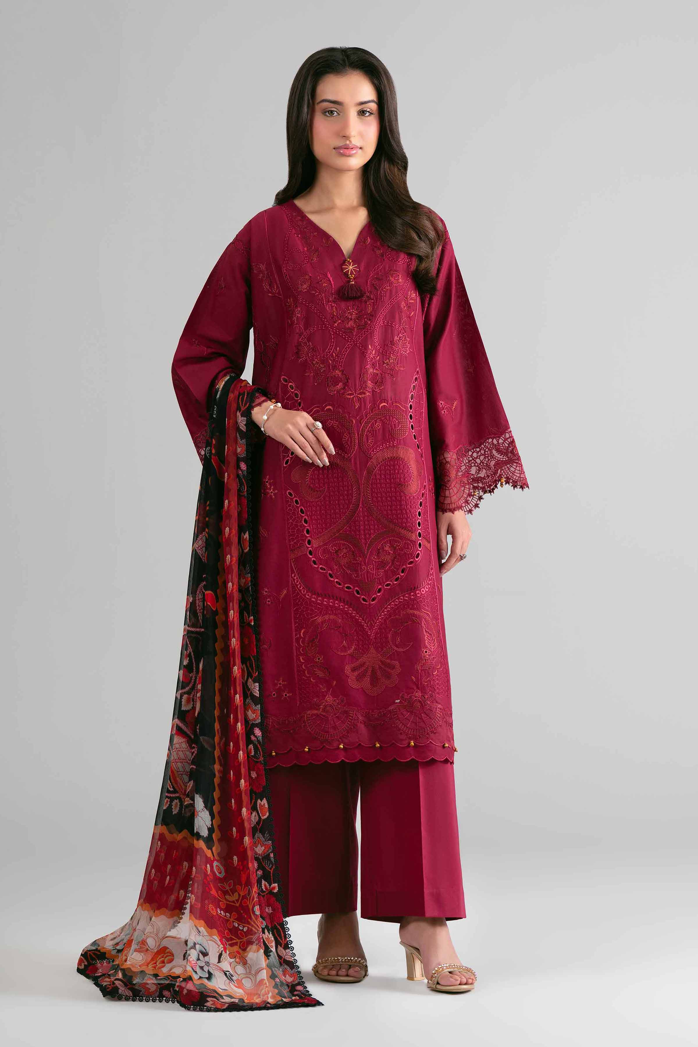 3 Piece - Digital Printed Embroidered Suit - 42601694 Maroon Lawn 3PC Embroidered