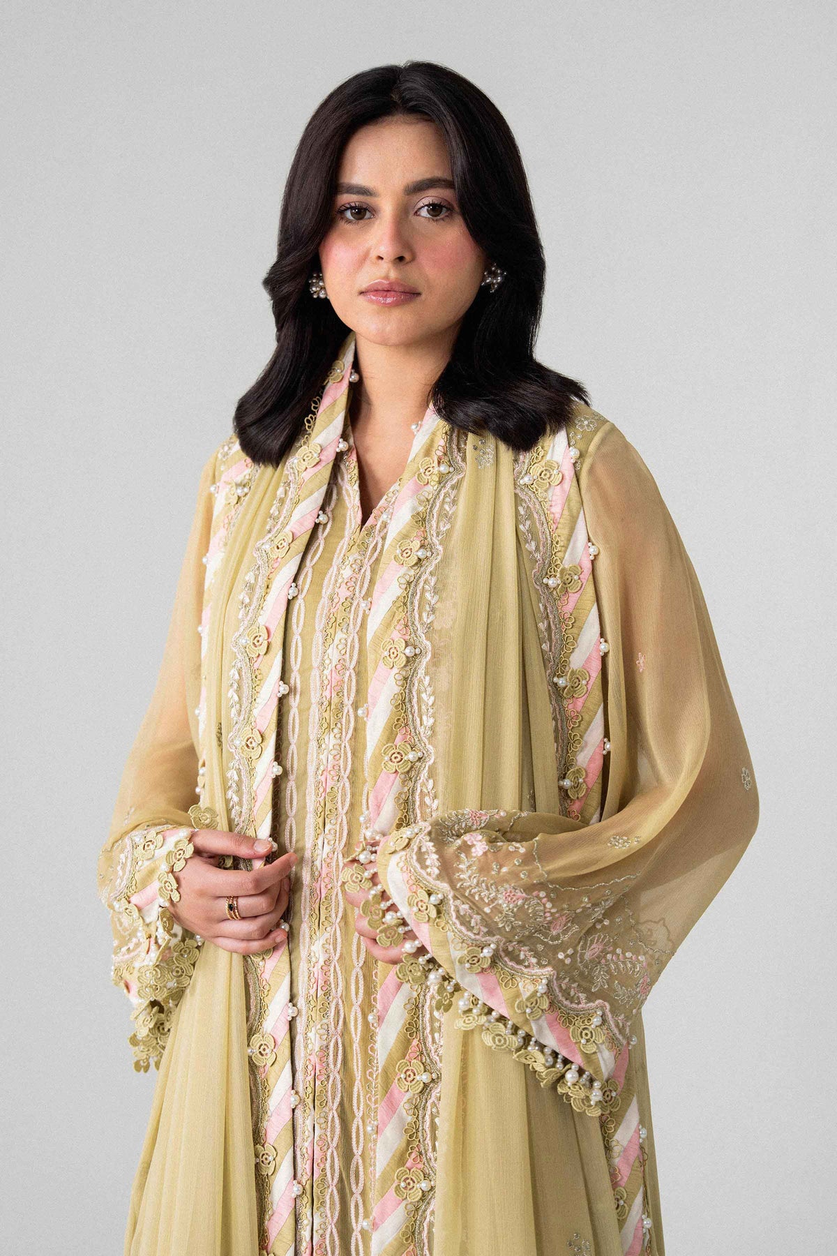 Yellow 3-Piece Embroidered Suit in Chiffon unstitched