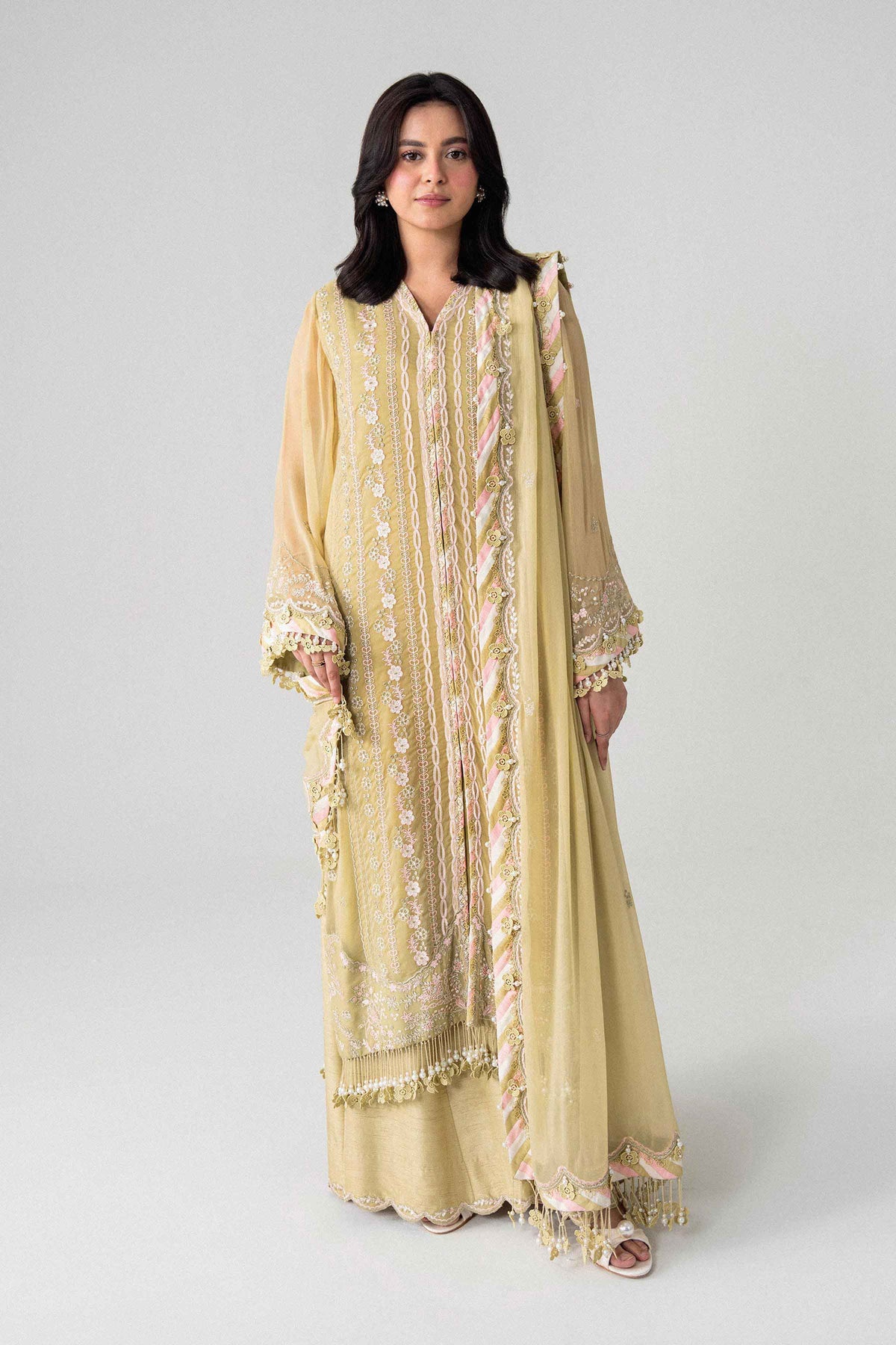 Yellow 3-Piece Embroidered Suit in Chiffon unstitched
