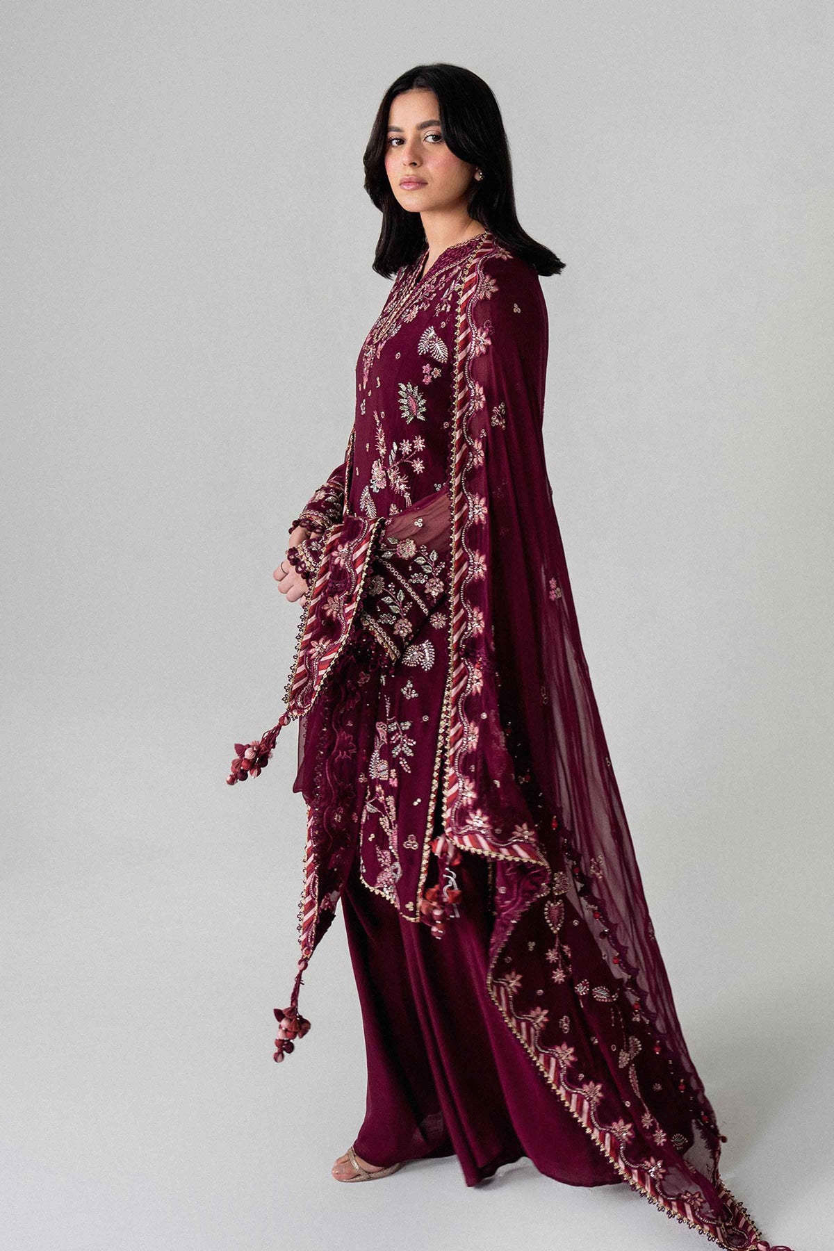 Maroon 3-Piece Embroidered Suit in Chiffon unstitched