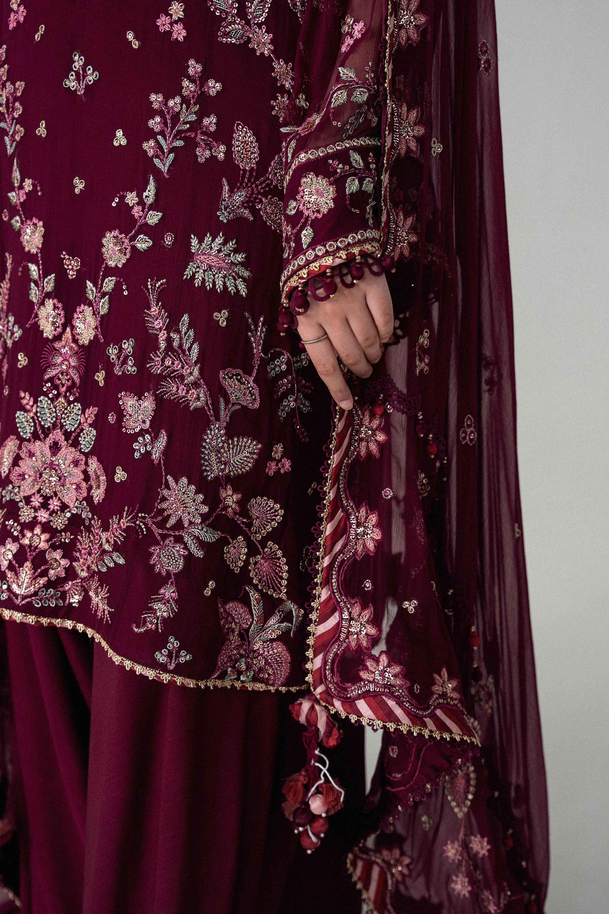 Maroon 3-Piece Embroidered Suit in Chiffon unstitched