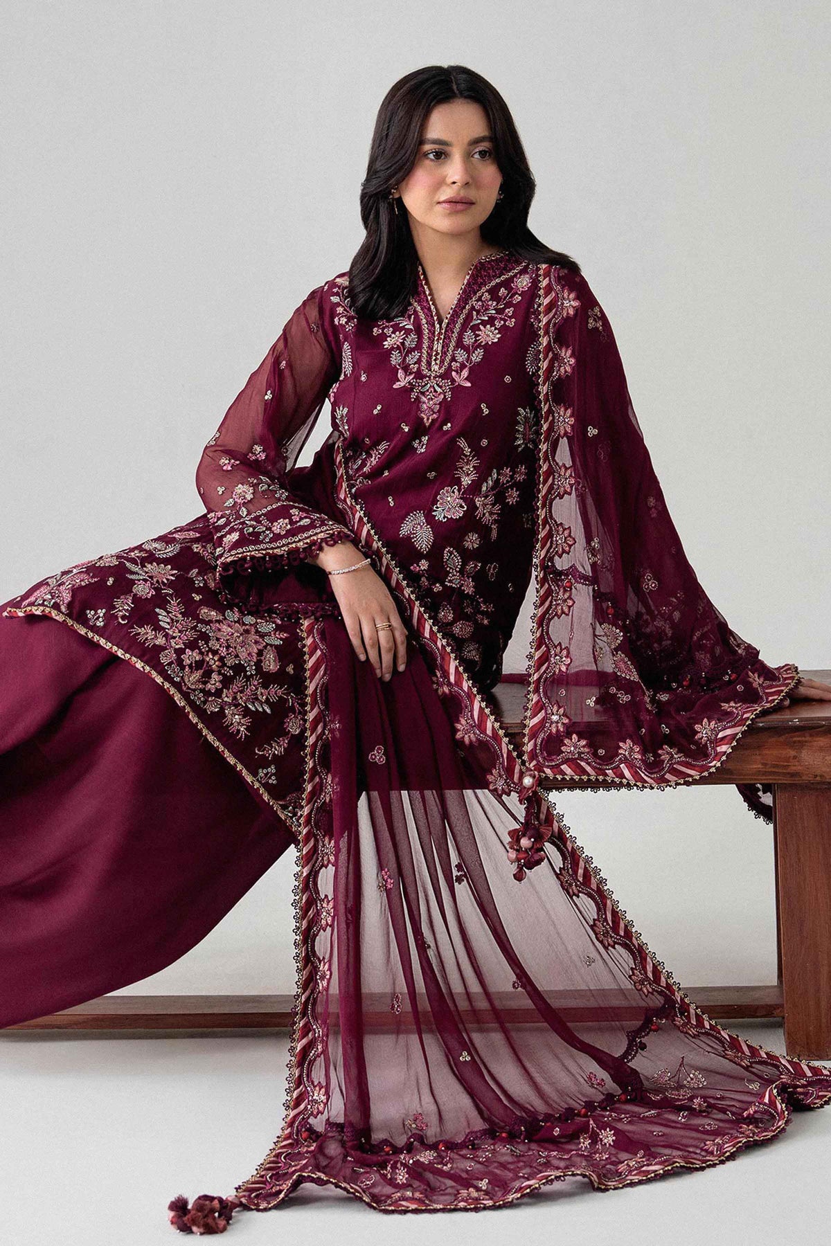 Maroon 3-Piece Embroidered Suit in Chiffon unstitched