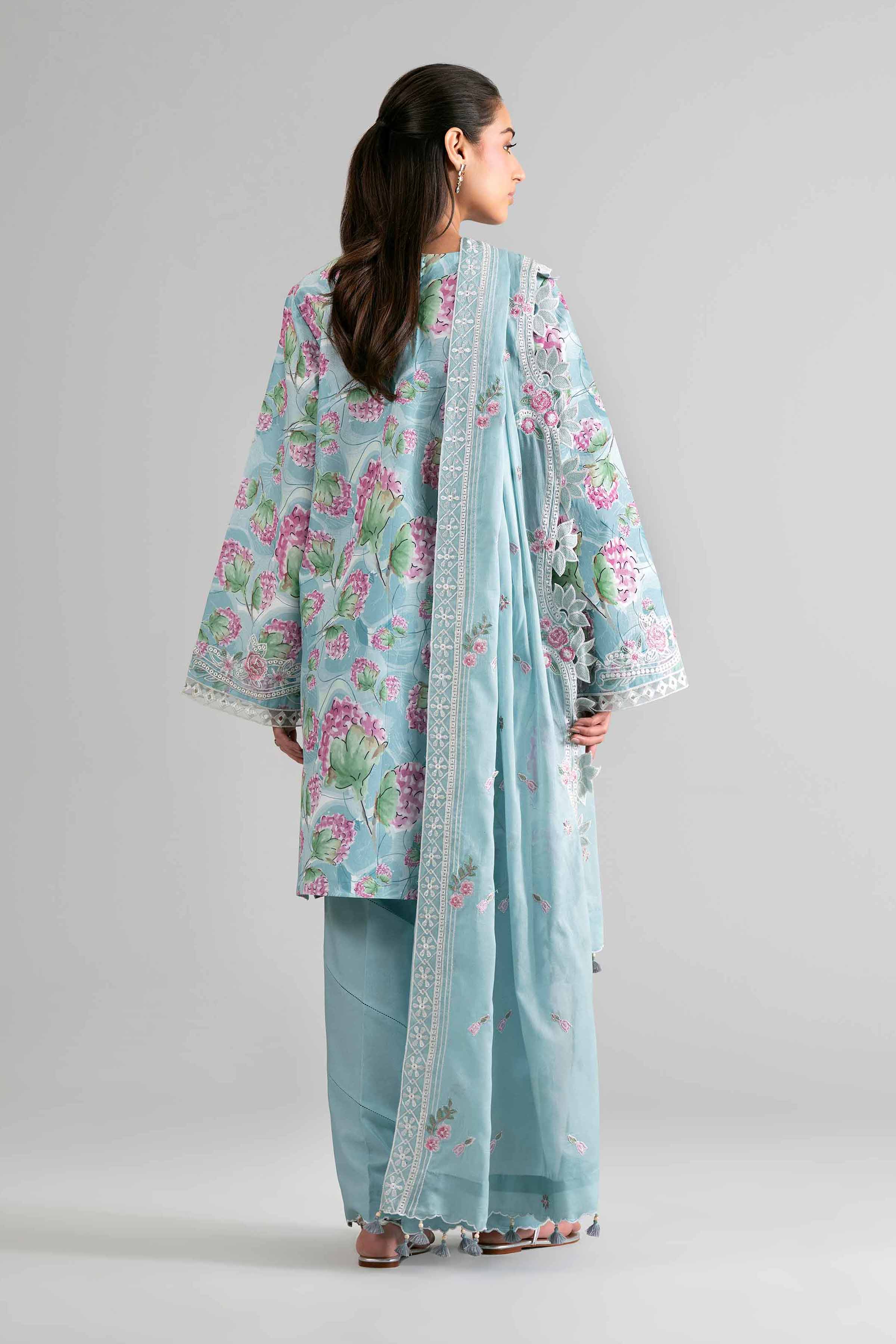 3 Piece - Printed Embroidered Suit - 42601728 Blue Lawn 3PC Embroidered