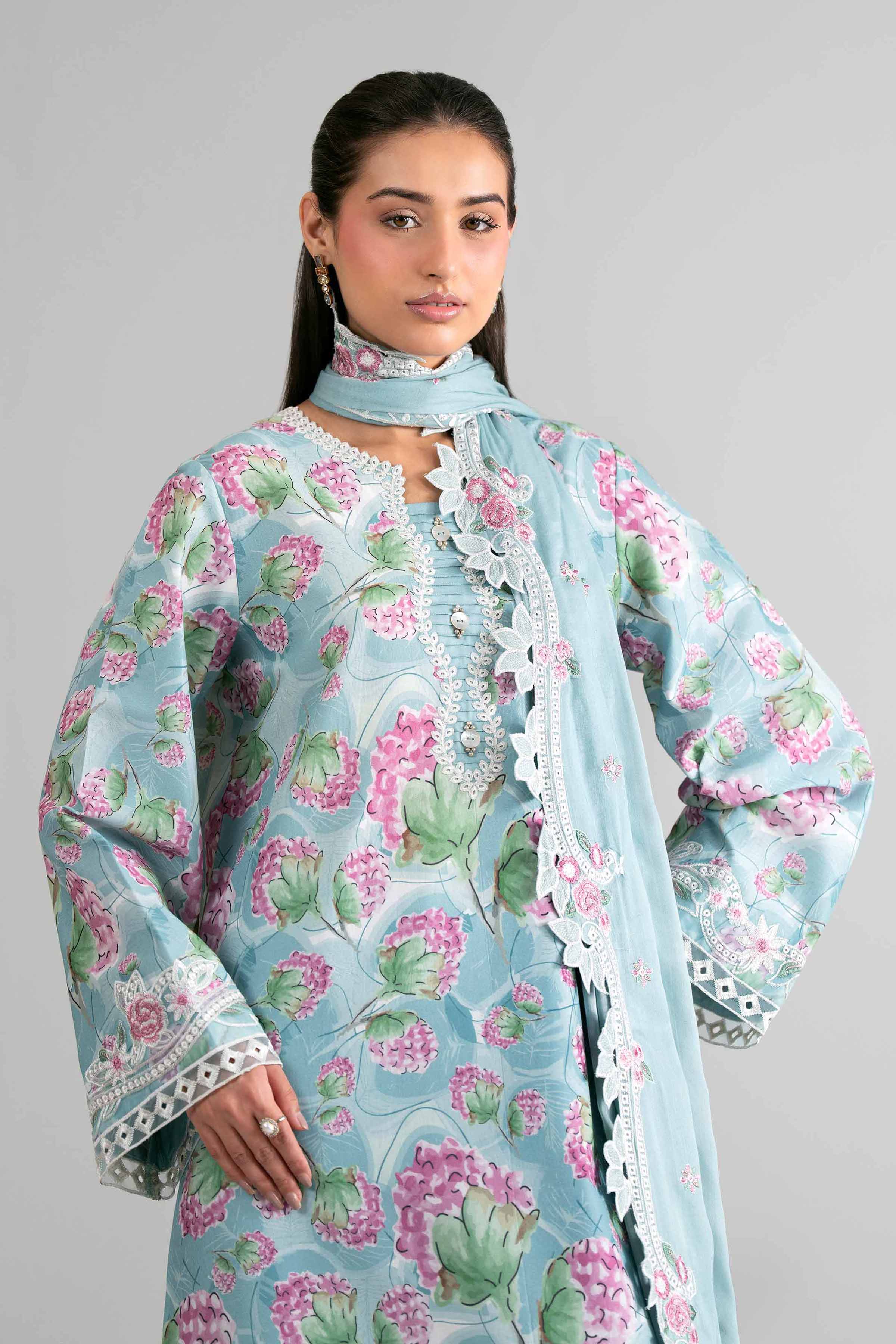 3 Piece - Printed Embroidered Suit - 42601728 Blue Lawn 3PC Embroidered