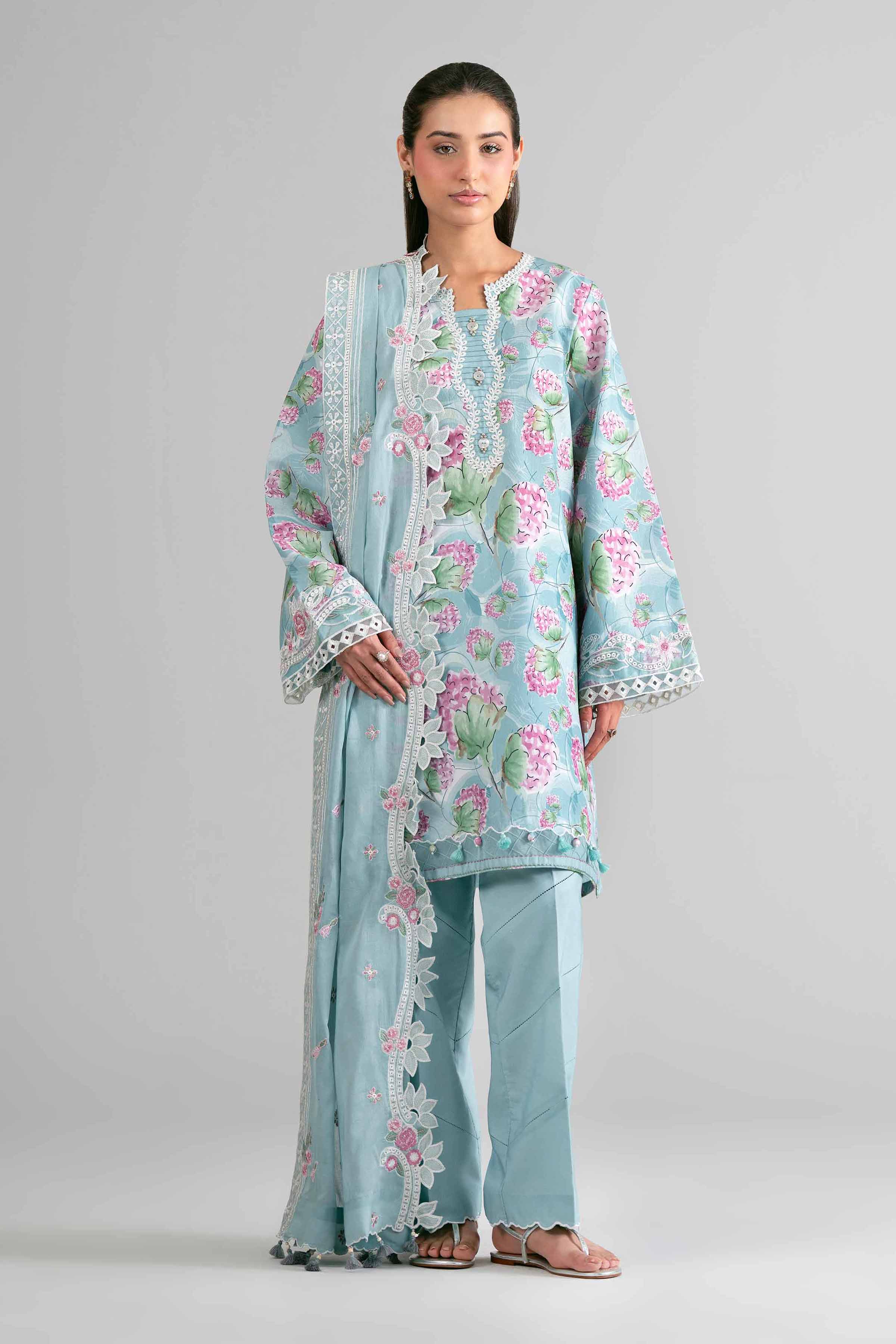 3 Piece - Printed Embroidered Suit - 42601728 Blue Lawn 3PC Embroidered