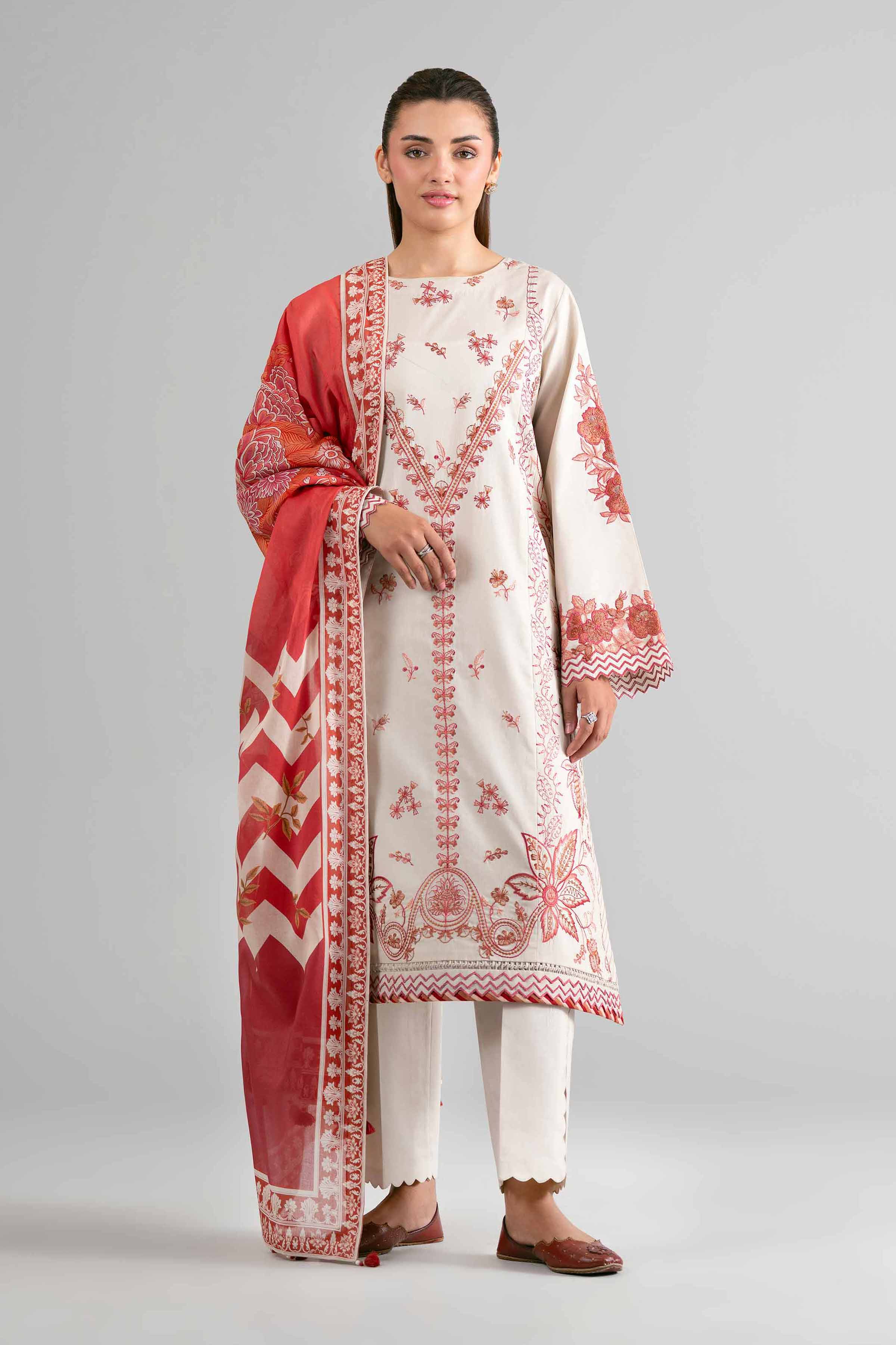 3 Piece - Digital Printed Embroidered Suit - 42601730 Beige Lawn 3PC Embroidered