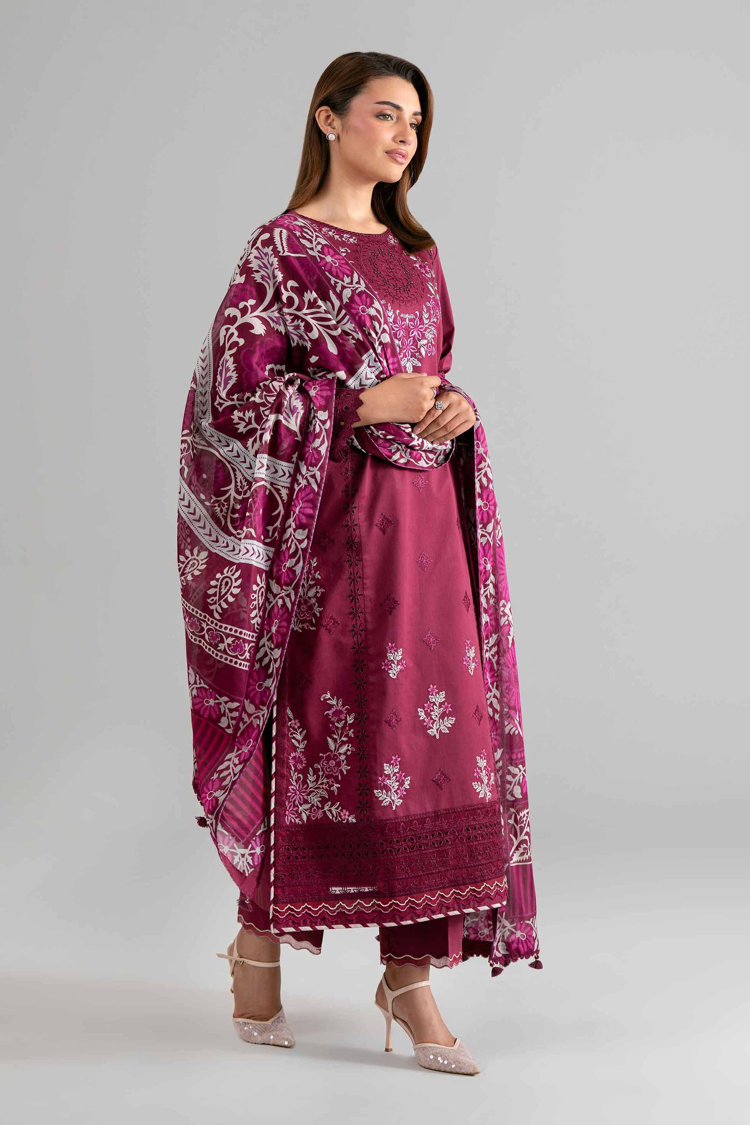3 Piece - Digital Printed Embroidered Suit - 42601733 Maroon Lawn 3PC Embroidered