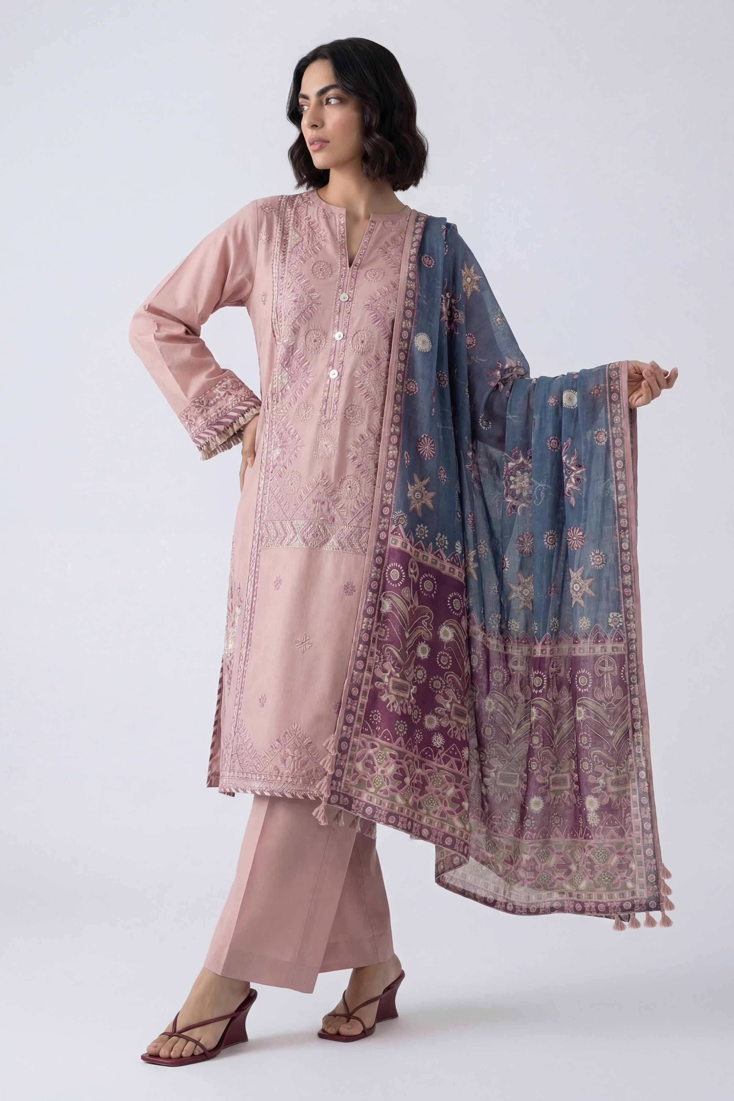 3 Piece - Digital Printed Embroidered Suit - 42601734 Pink Lawn 3PC Embroidered