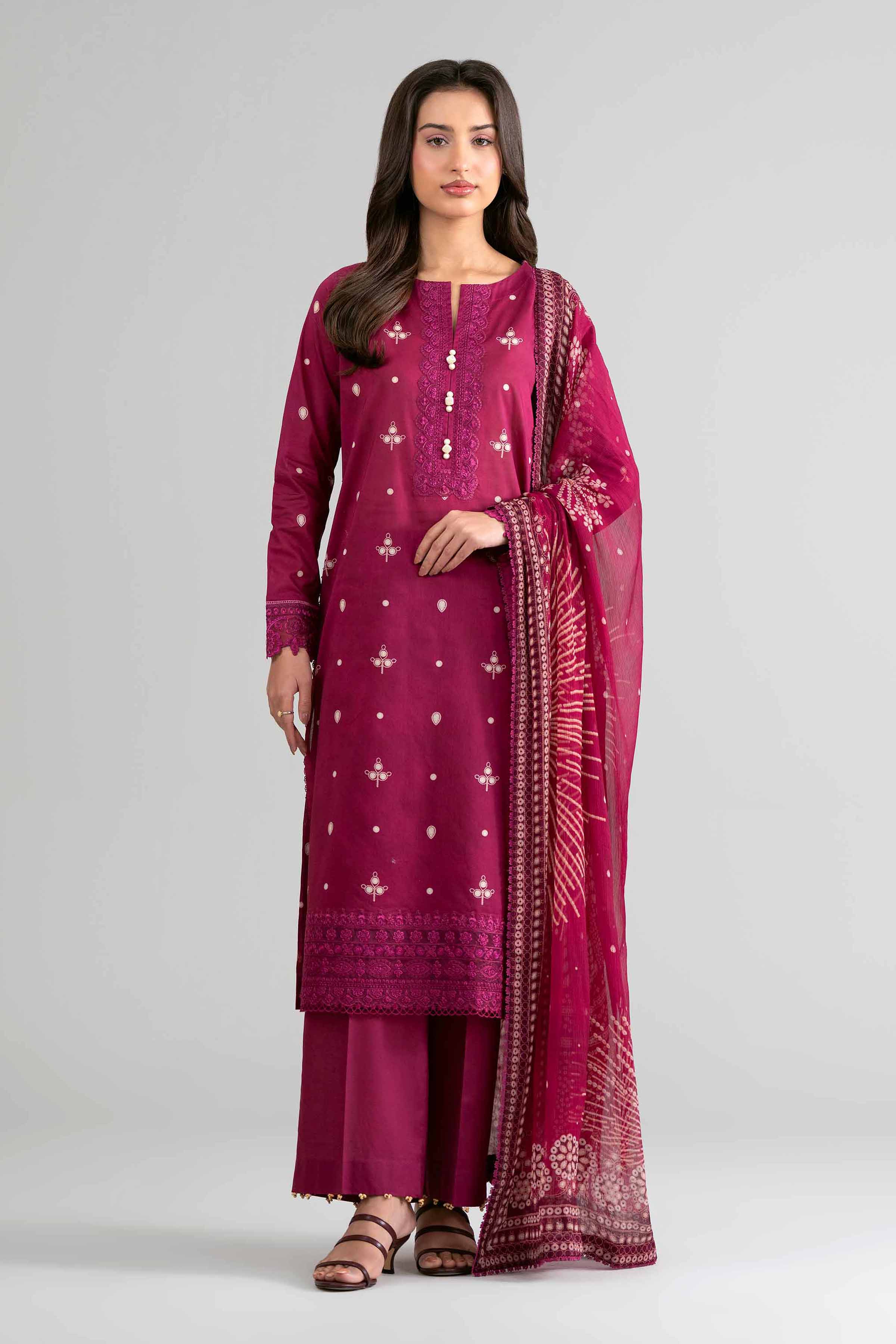 3 Piece - Digital Printed Embroidered Suit - 42601750 Maroon Lawn 3PC Embroidered