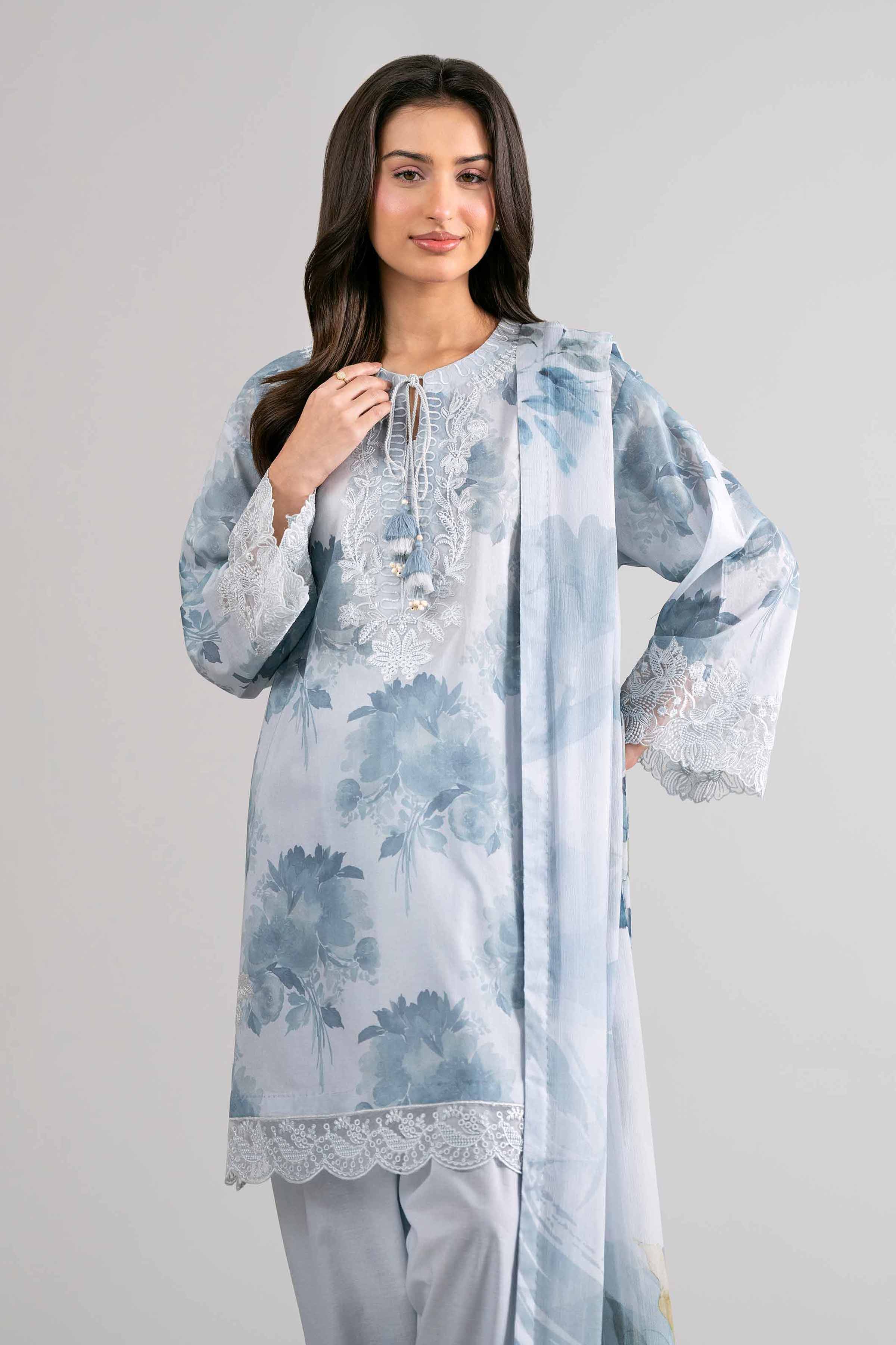 3 Piece - Digital Printed Embroidered Suit - 42601757 Blue Lawn 3PC Embroidered