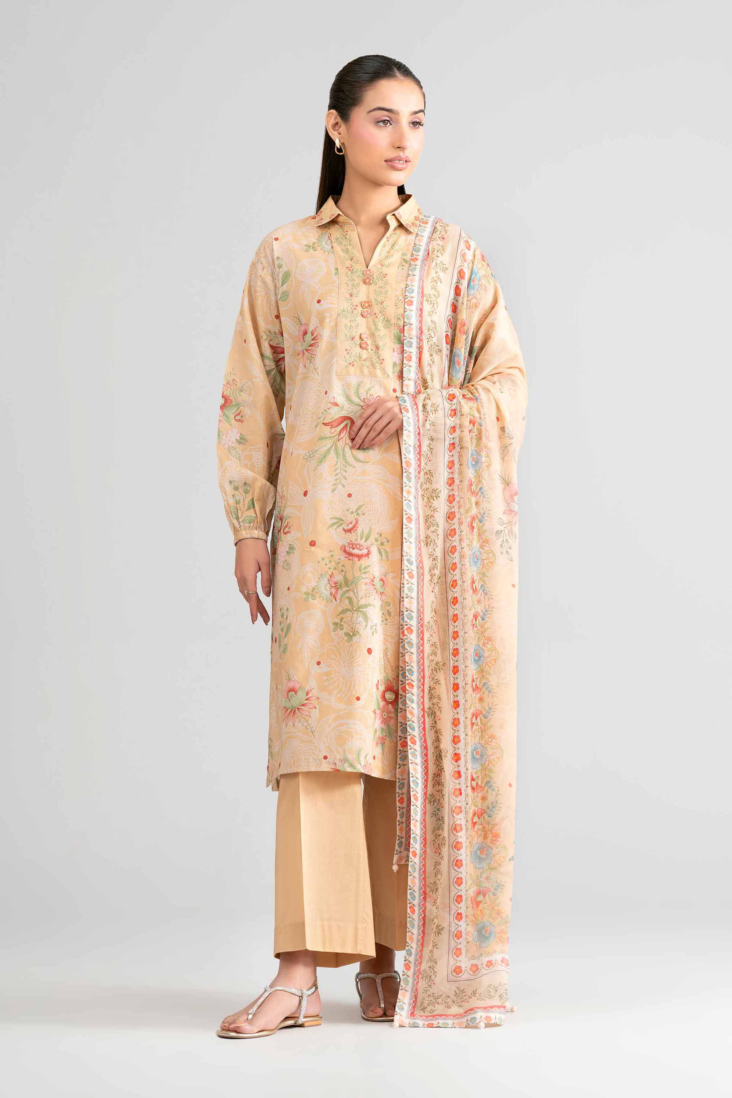 3 Piece - Digital Printed Suit - 42601759 Yellow Lawn 3PC Printed