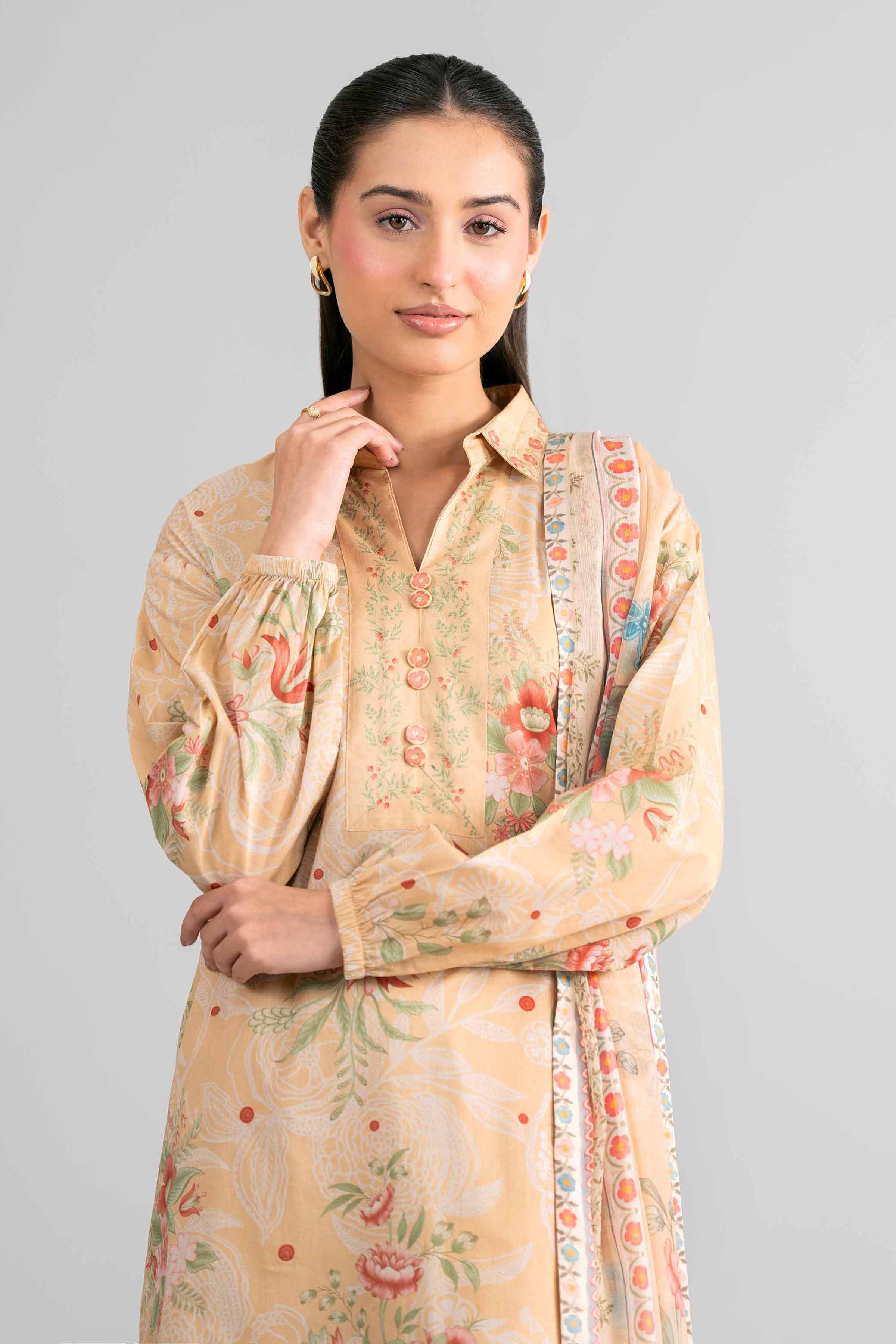 3 Piece - Digital Printed Suit - 42601759 Yellow Lawn 3PC Printed