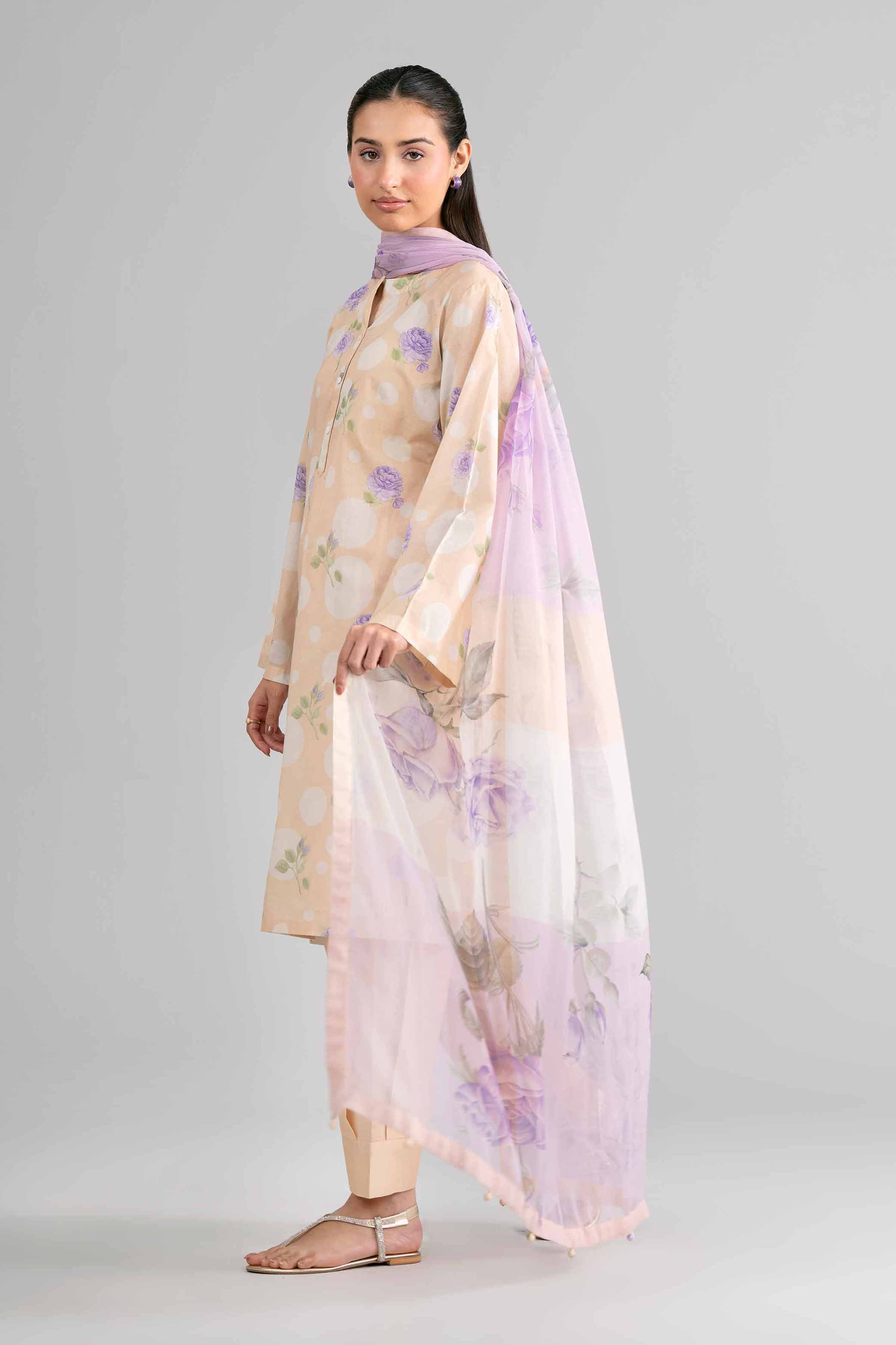 3 Piece - Digital Printed Suit - 42601762 Cream Lawn 3PC Printed