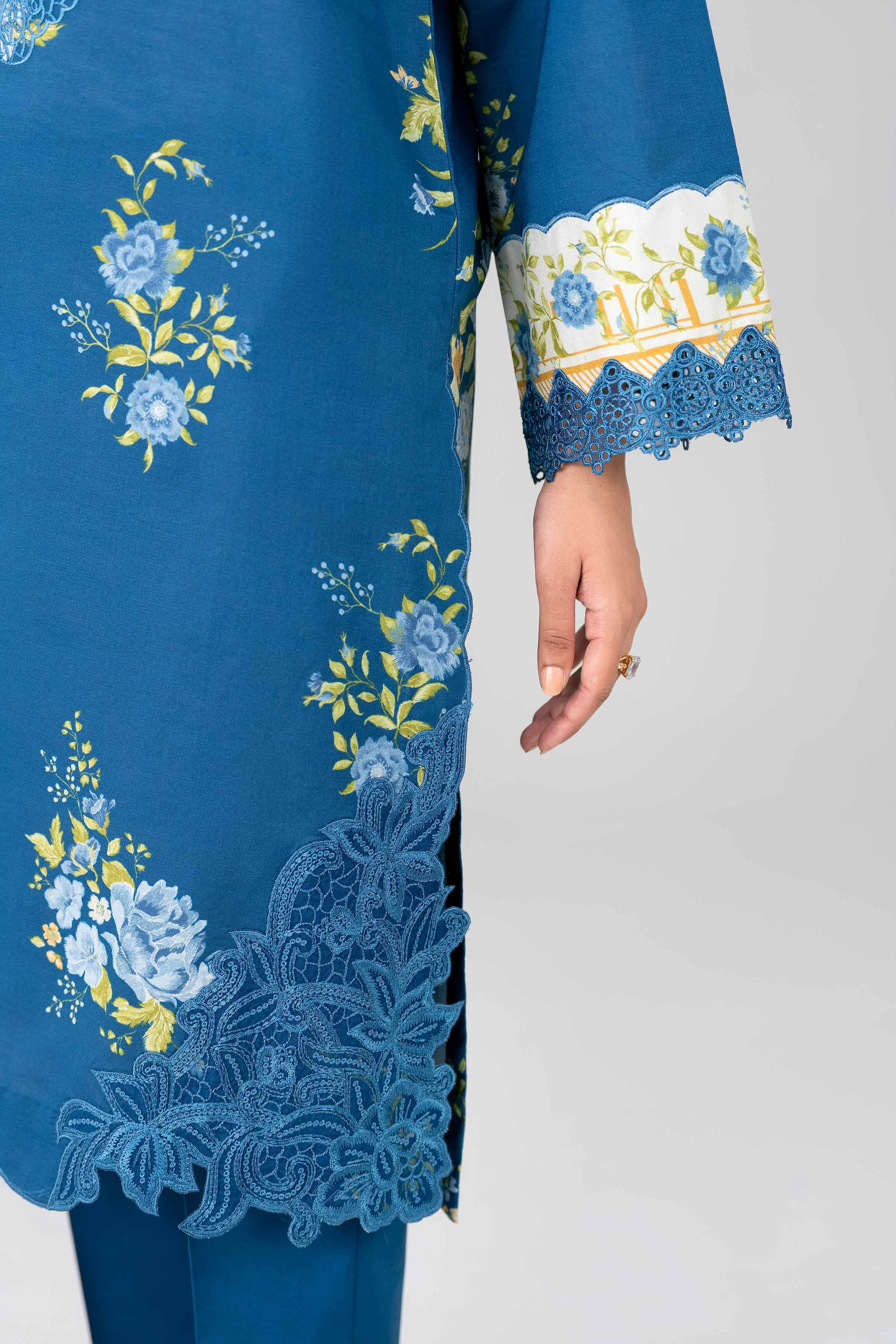 3 Piece - Printed Embroidered Suit - 42601786 Blue Lawn 3PC Embroidered