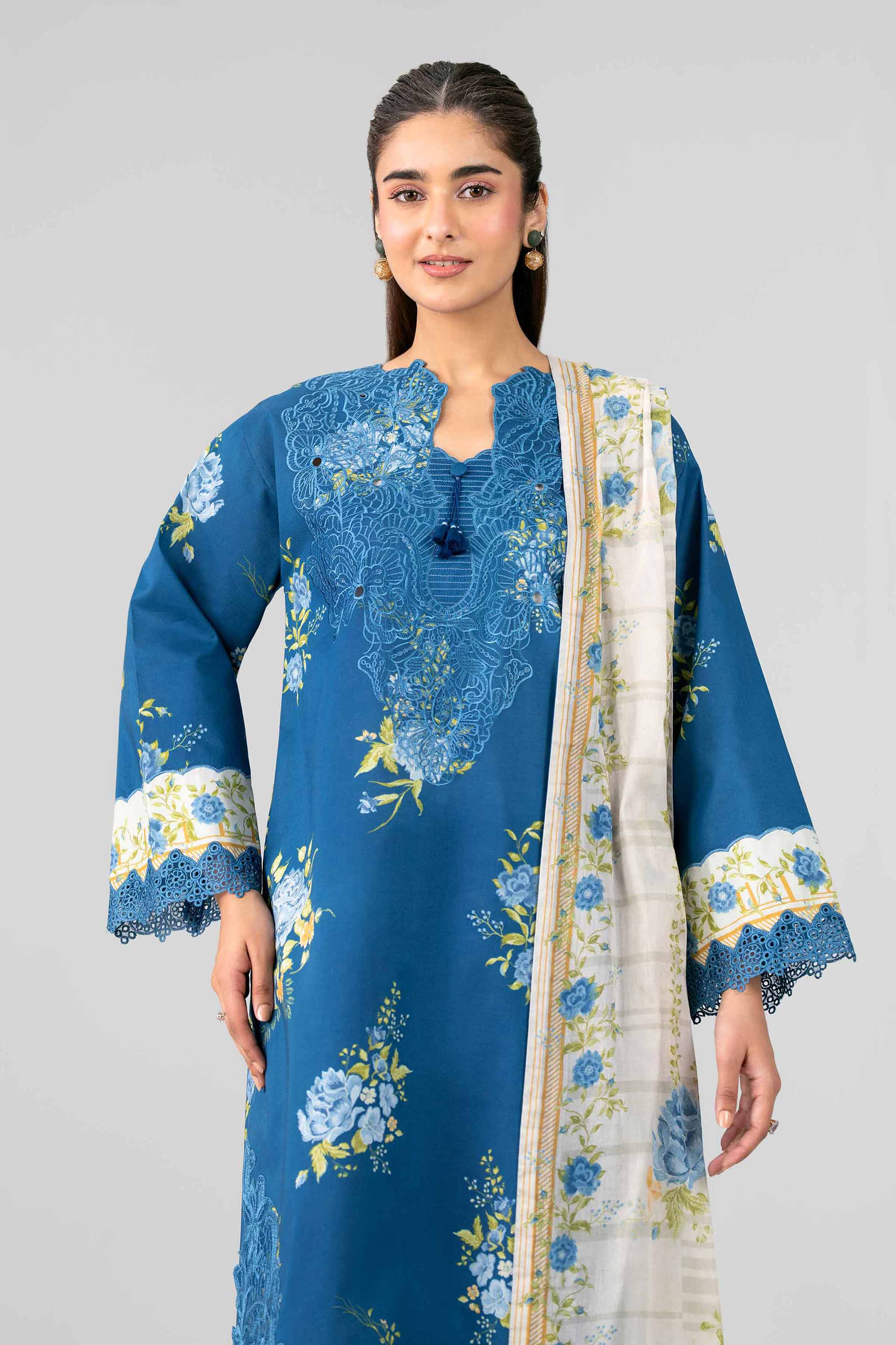 3 Piece - Printed Embroidered Suit - 42601786 Blue Lawn 3PC Embroidered