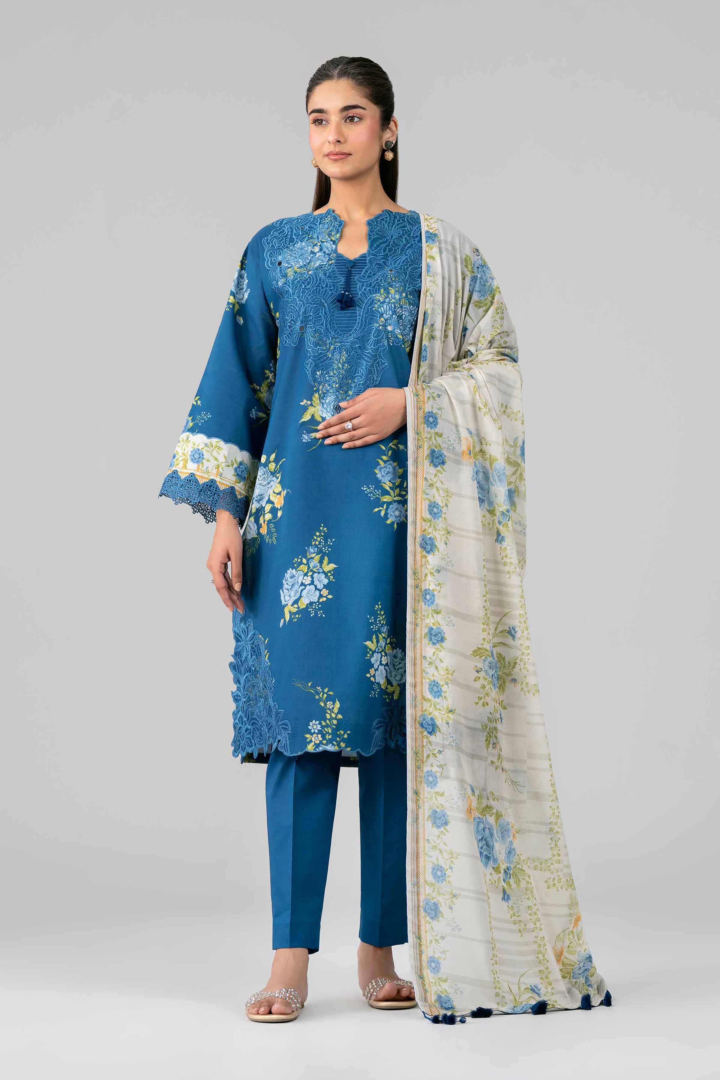 3 Piece - Printed Embroidered Suit - 42601786 Blue Lawn 3PC Embroidered