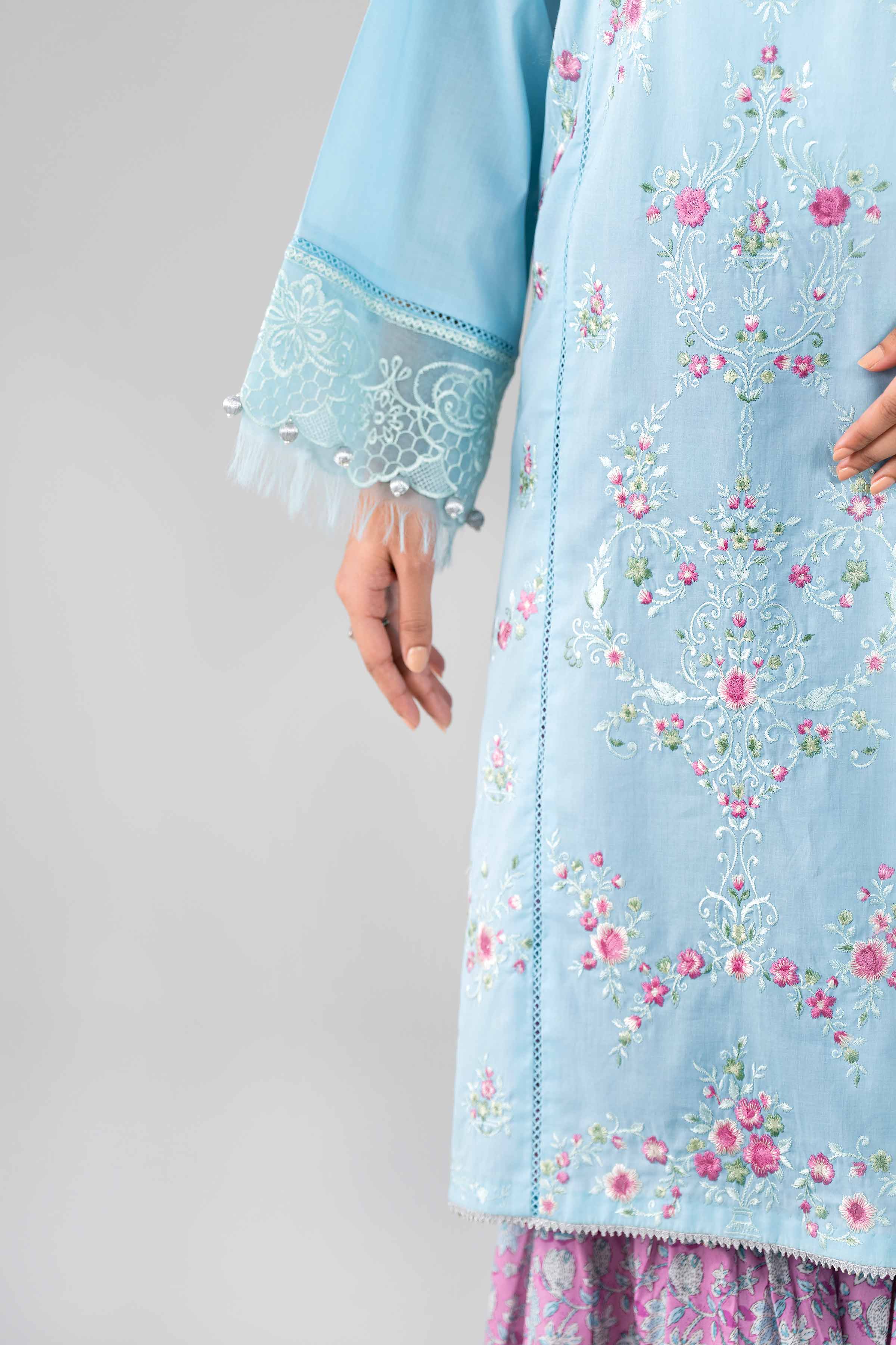 3 Piece - Printed Embroidered Suit - 42601791 Blue Lawn 3PC Embroidered