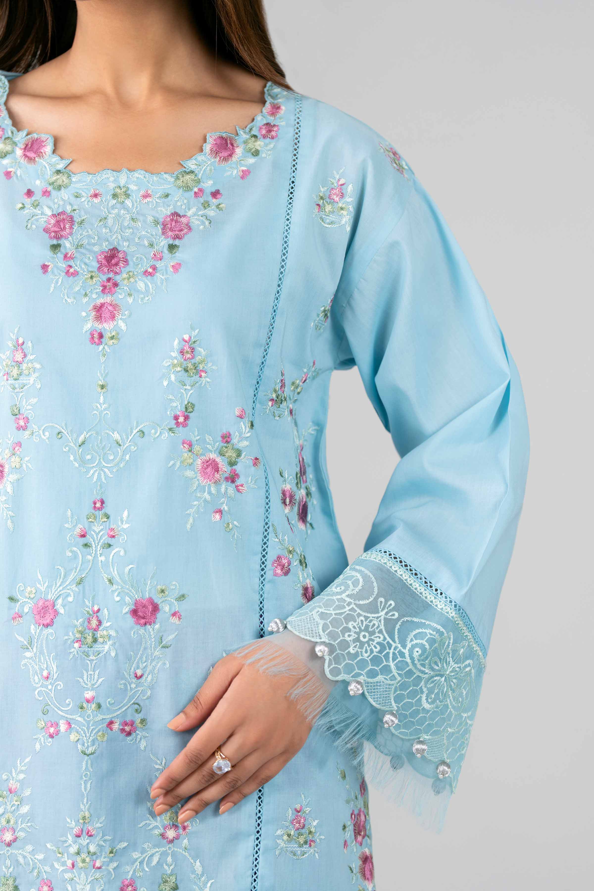 3 Piece - Printed Embroidered Suit - 42601791 Blue Lawn 3PC Embroidered