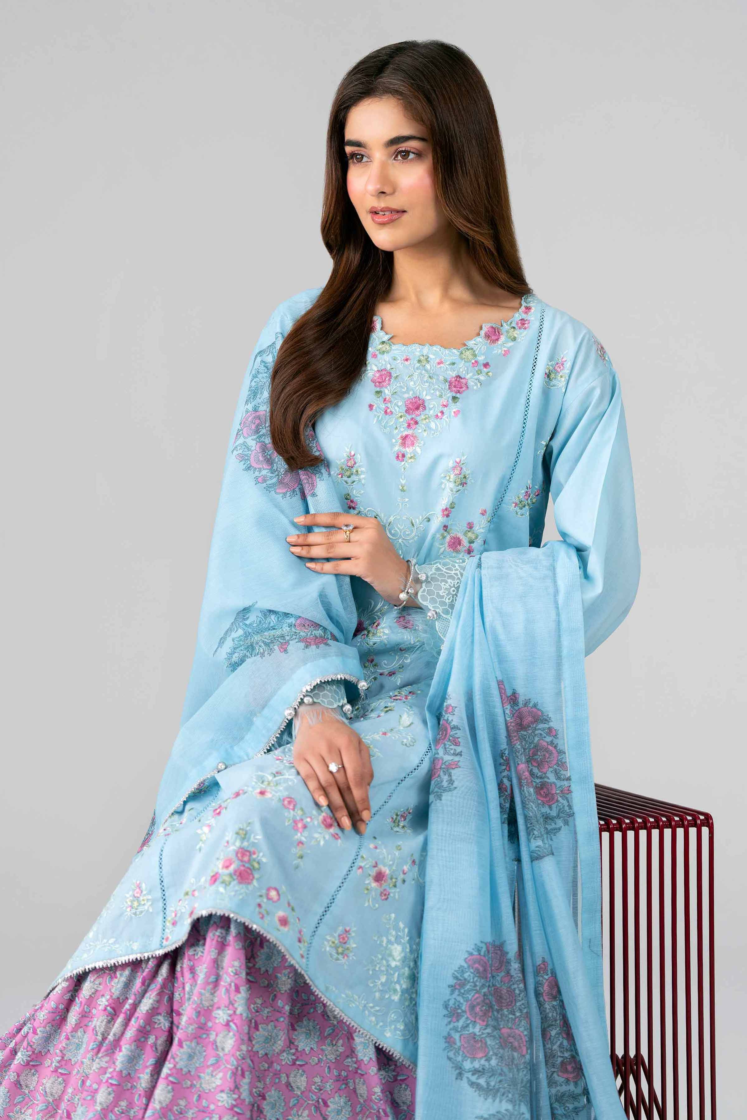 3 Piece - Printed Embroidered Suit - 42601791 Blue Lawn 3PC Embroidered