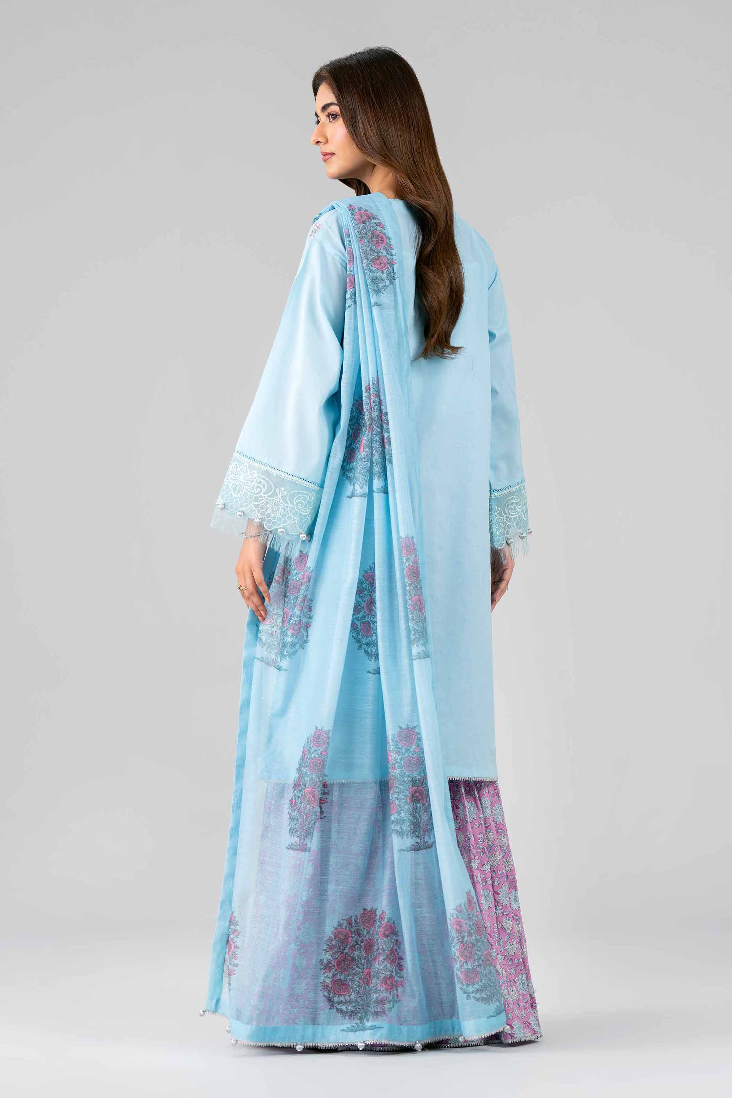 3 Piece - Printed Embroidered Suit - 42601791 Blue Lawn 3PC Embroidered