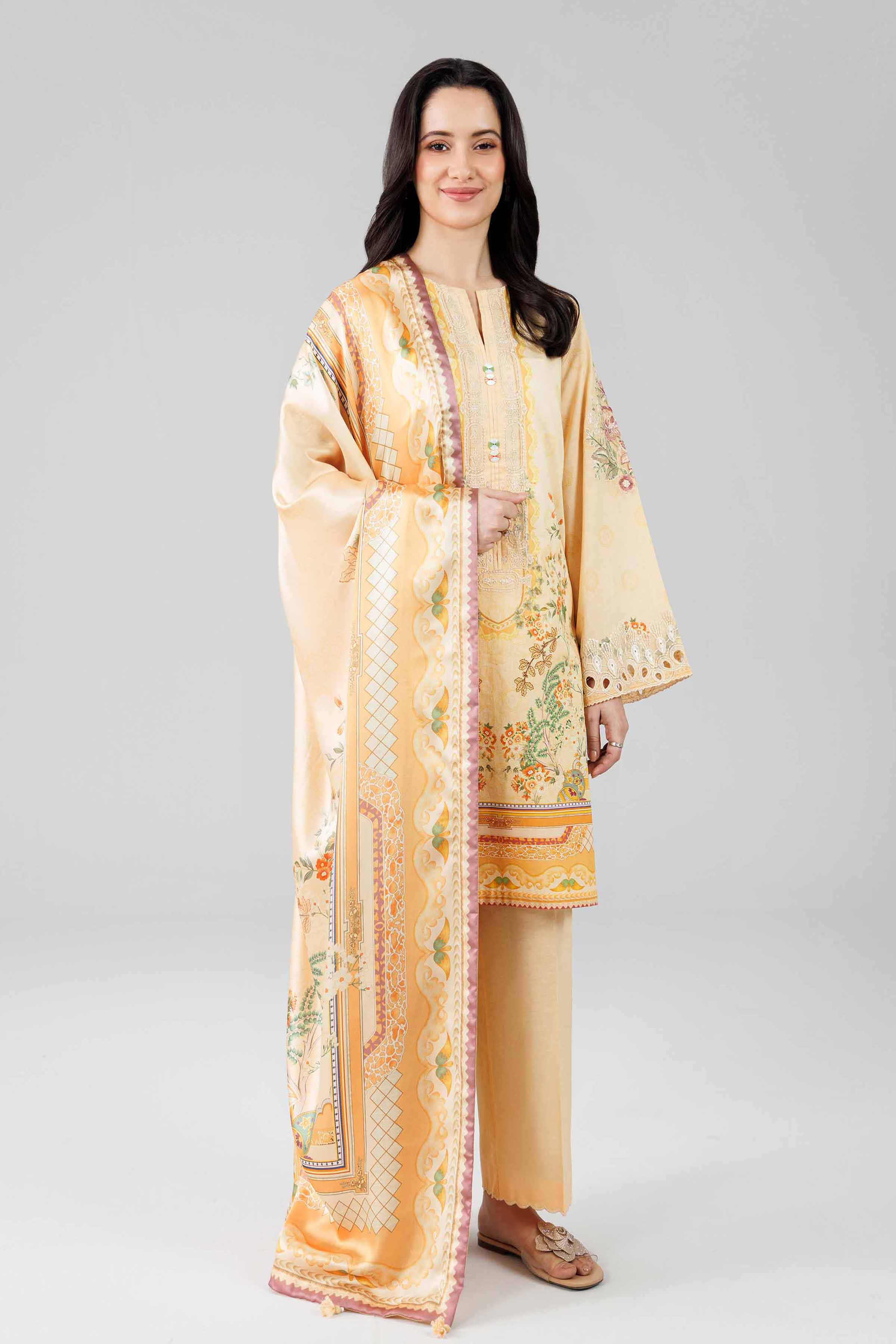 3 Piece - Digital Printed Embroidered Suit - 42601798 Orange Lawn 3PC Embroidered