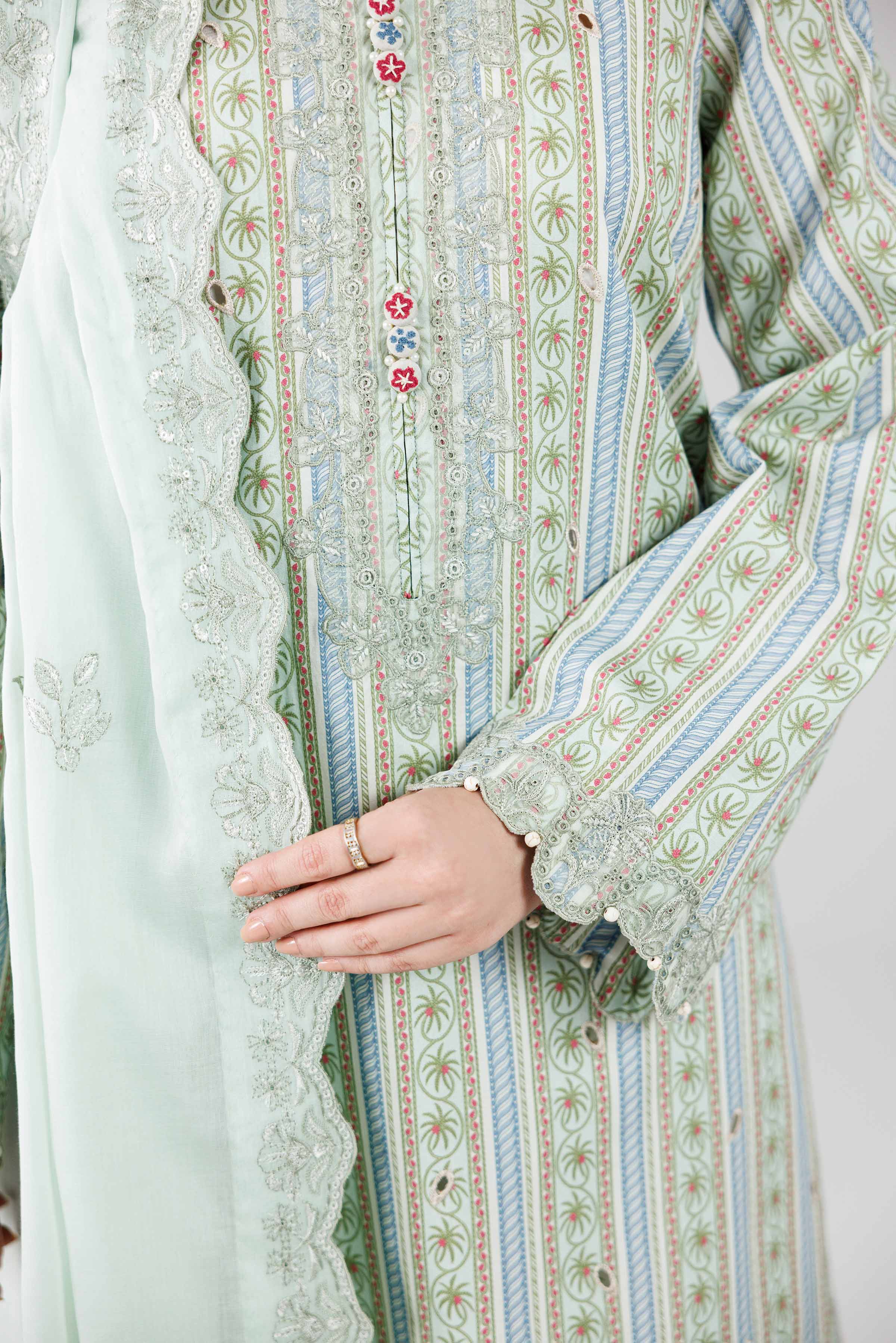 3 Piece - Printed Embroidered Suit - 42601805 Green Lawn 3PC Embroidered