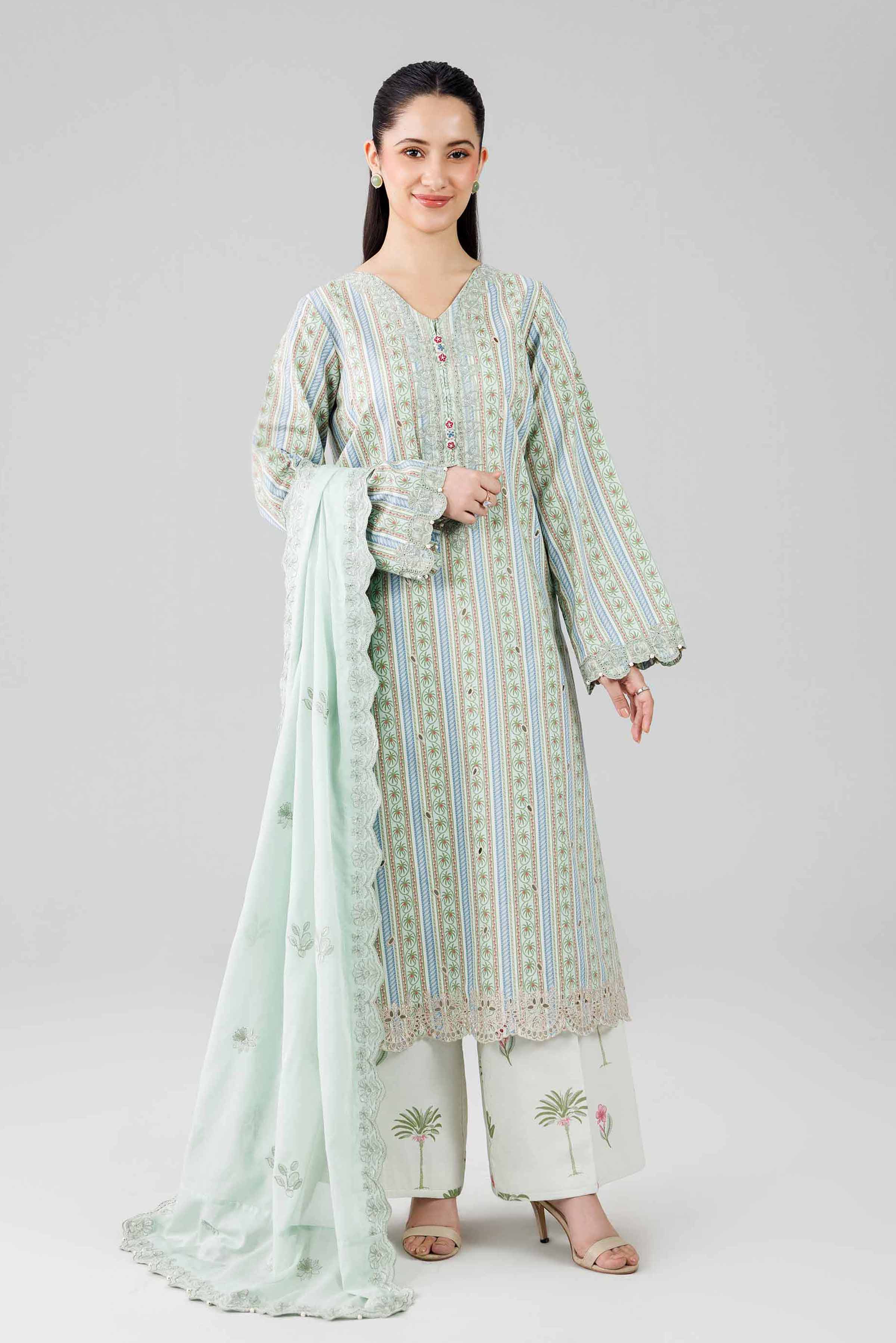 3 Piece - Printed Embroidered Suit - 42601805 Green Lawn 3PC Embroidered