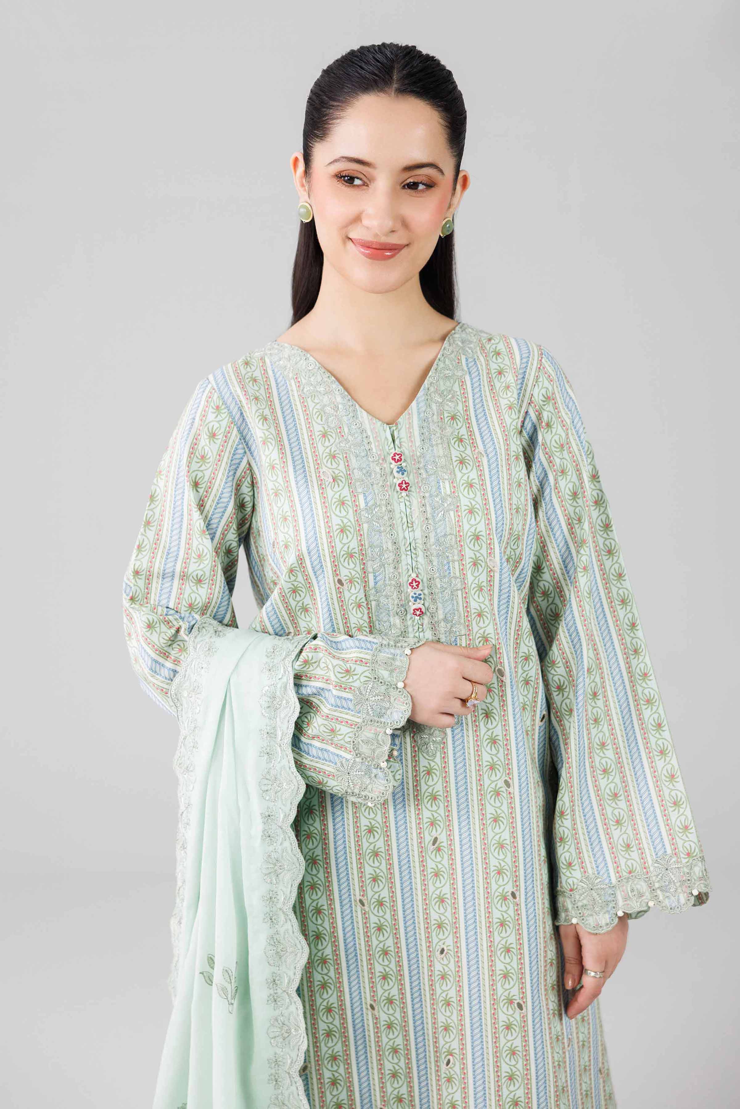 3 Piece - Printed Embroidered Suit - 42601805 Green Lawn 3PC Embroidered