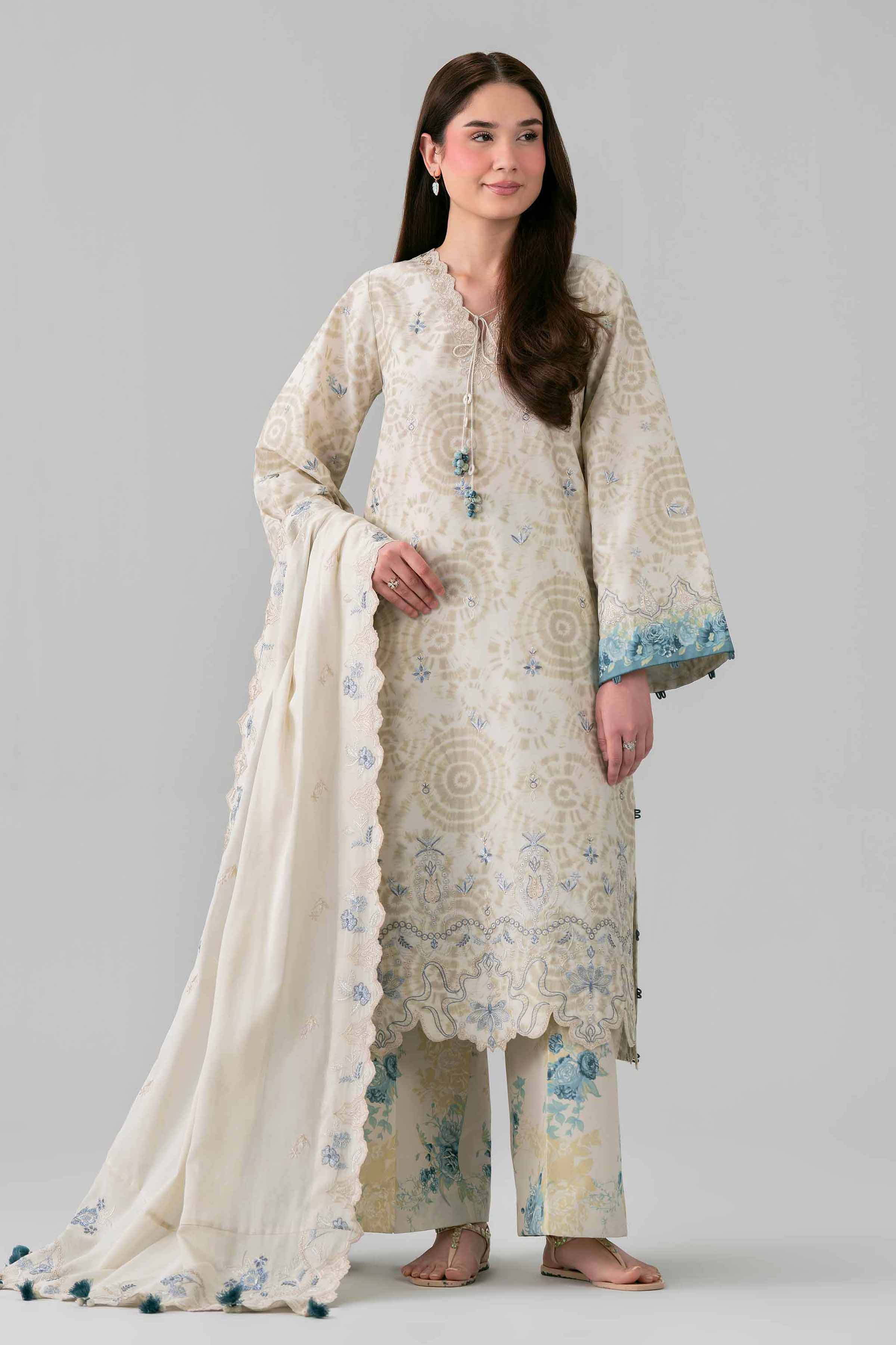 3 Piece - Printed Embroidered Suit - 42601807 Beige Lawn 3PC Embroidered