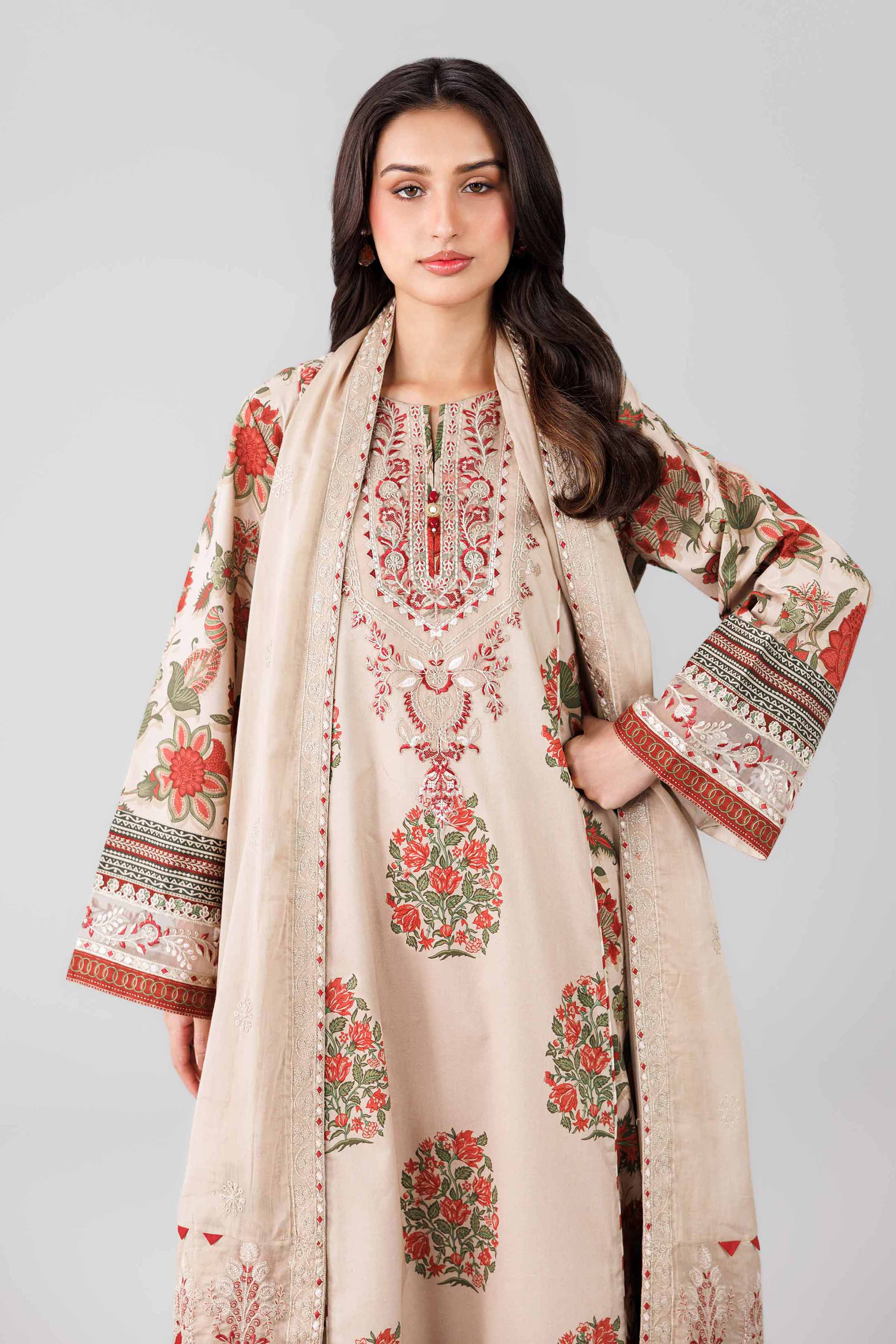 3 Piece - Printed Embroidered Suit - 42601814 Nishat UAE Beige Lawn 3PC Embroidered